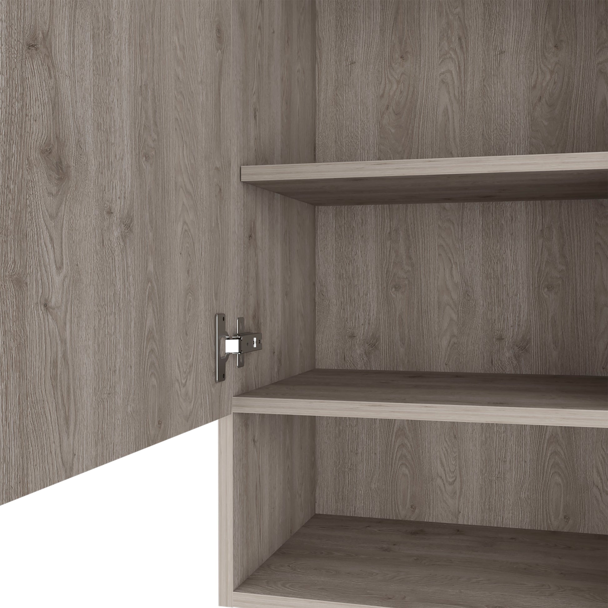 Open taupe wood grain cabinet interior with shelves and metal hinge