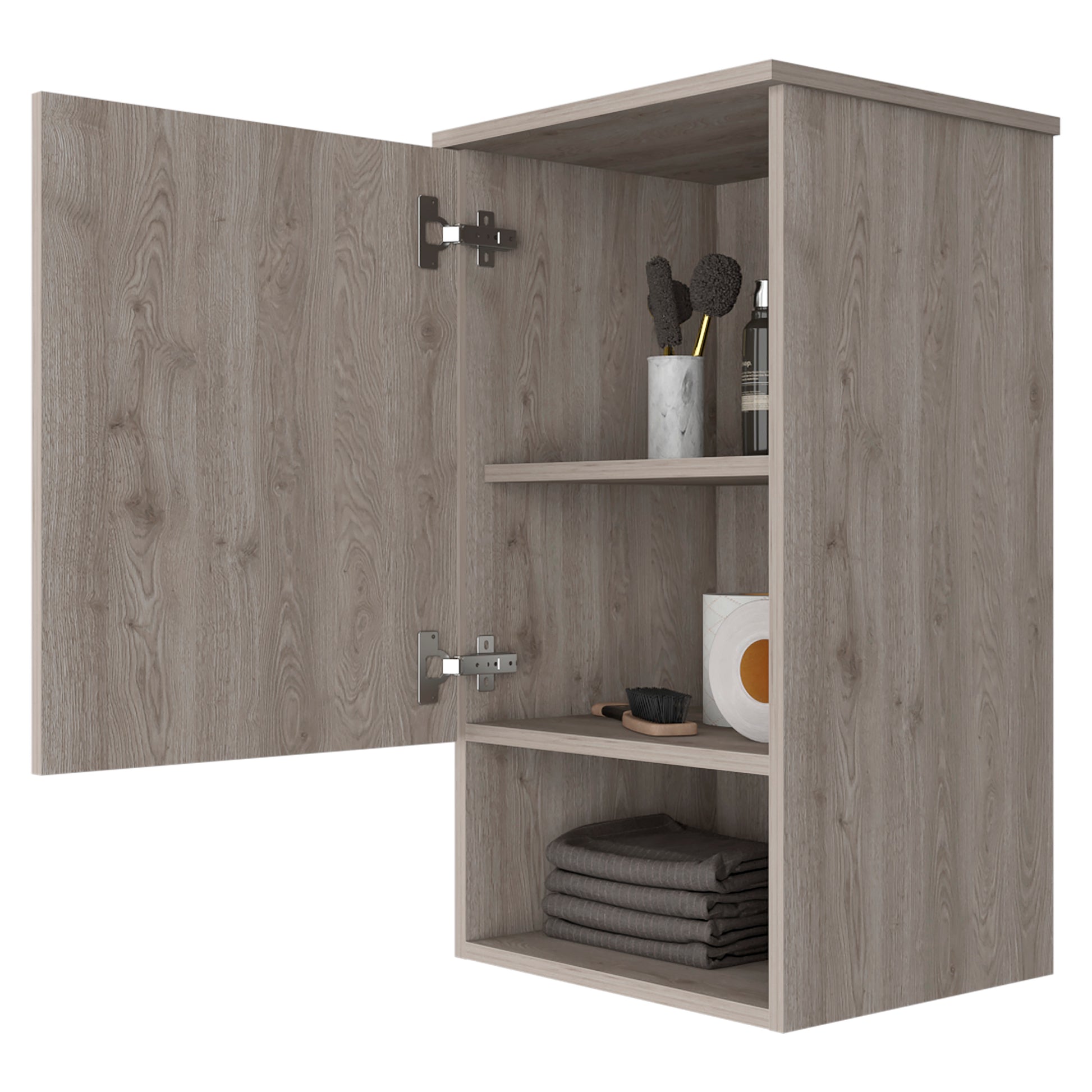 Modern wood grain bathroom cabinet with open door and shelves showcasing towels toilet paper and toiletries