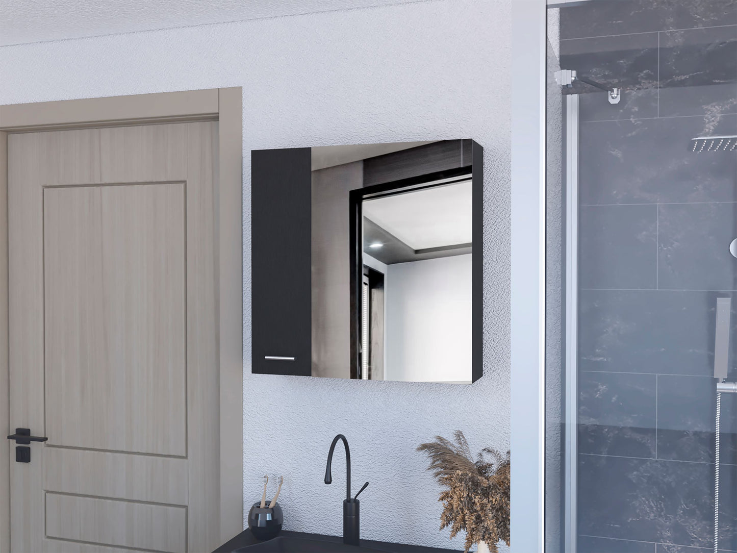 Modern black medicine cabinet with mirrored door for bathroom storage
