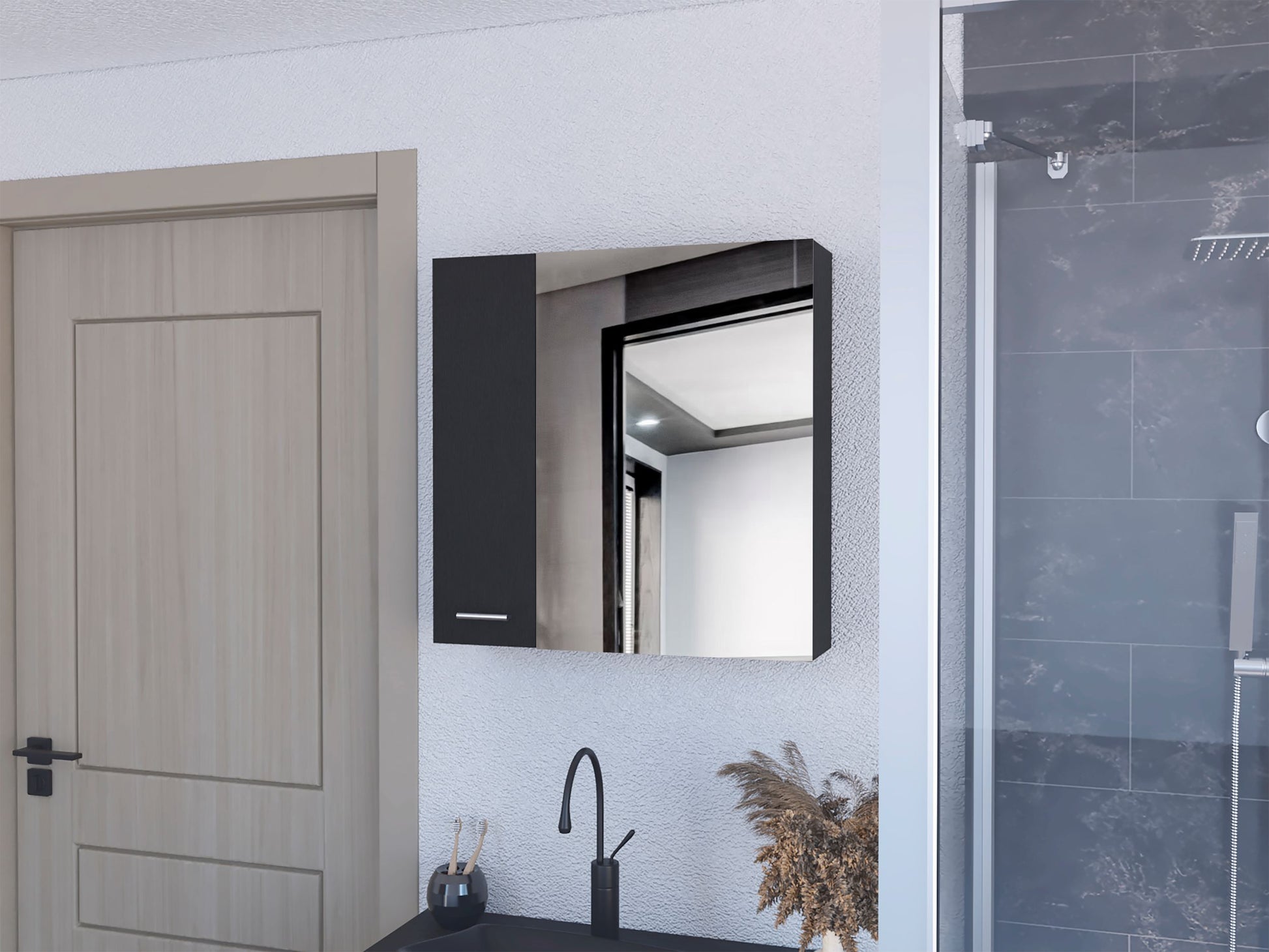 Modern black medicine cabinet with mirrored door for bathroom storage