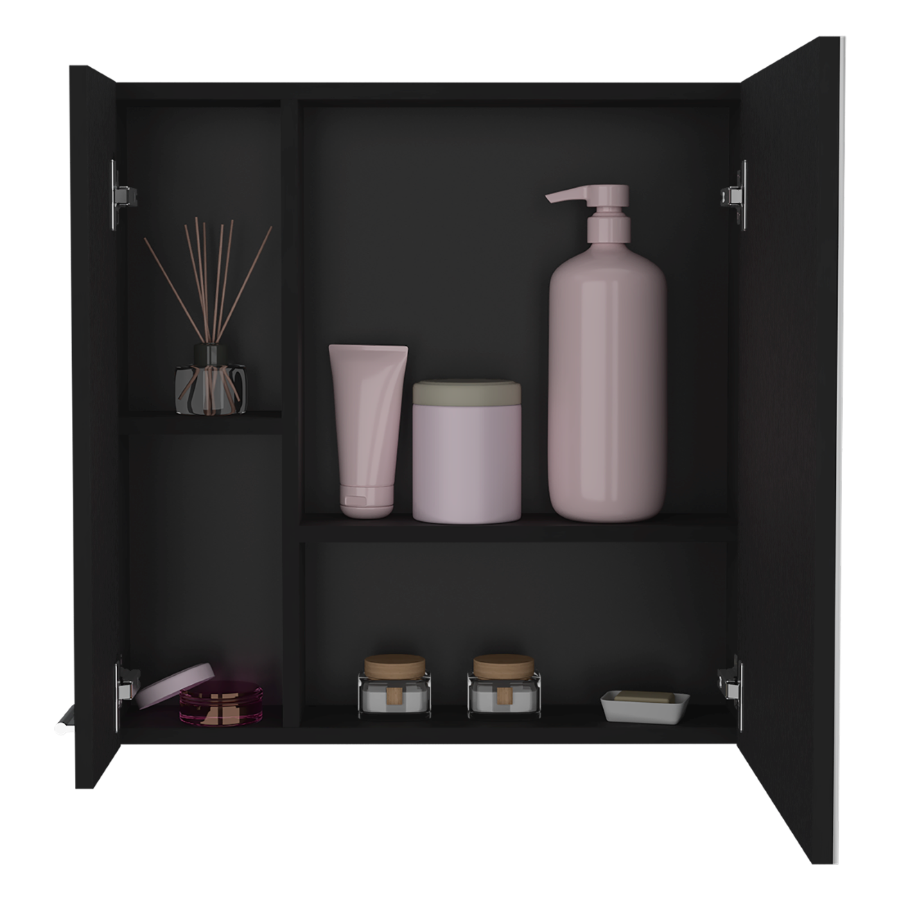 Black bathroom cabinet with reed diffuser and skincare products