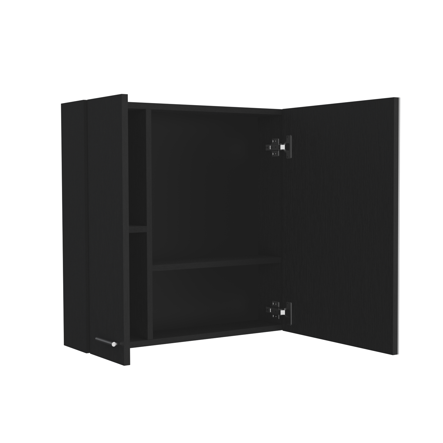 Black modern cabinet with two shelves and open doors