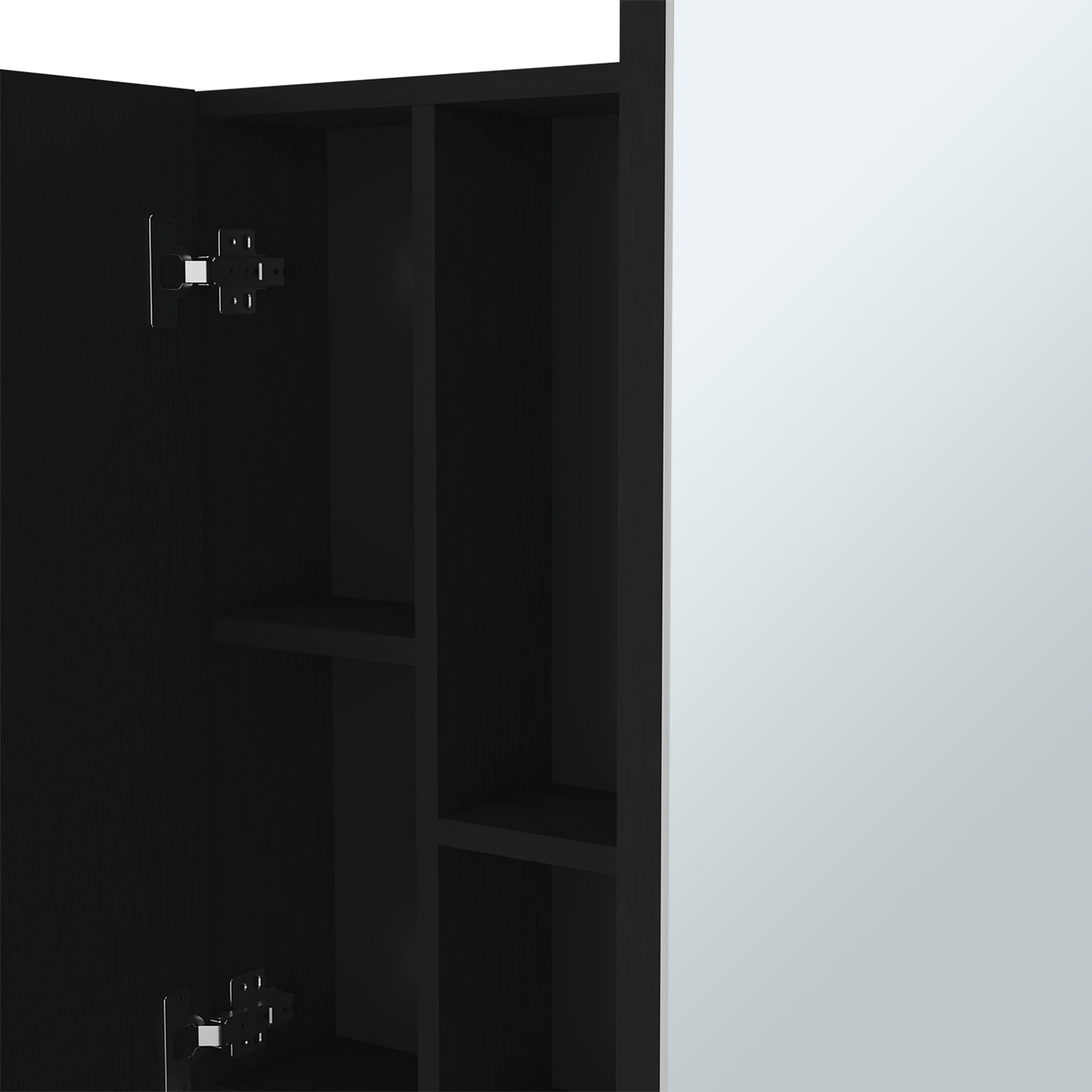 Black textured cabinet interior with open shelving and visible metal hinges for modern furniture