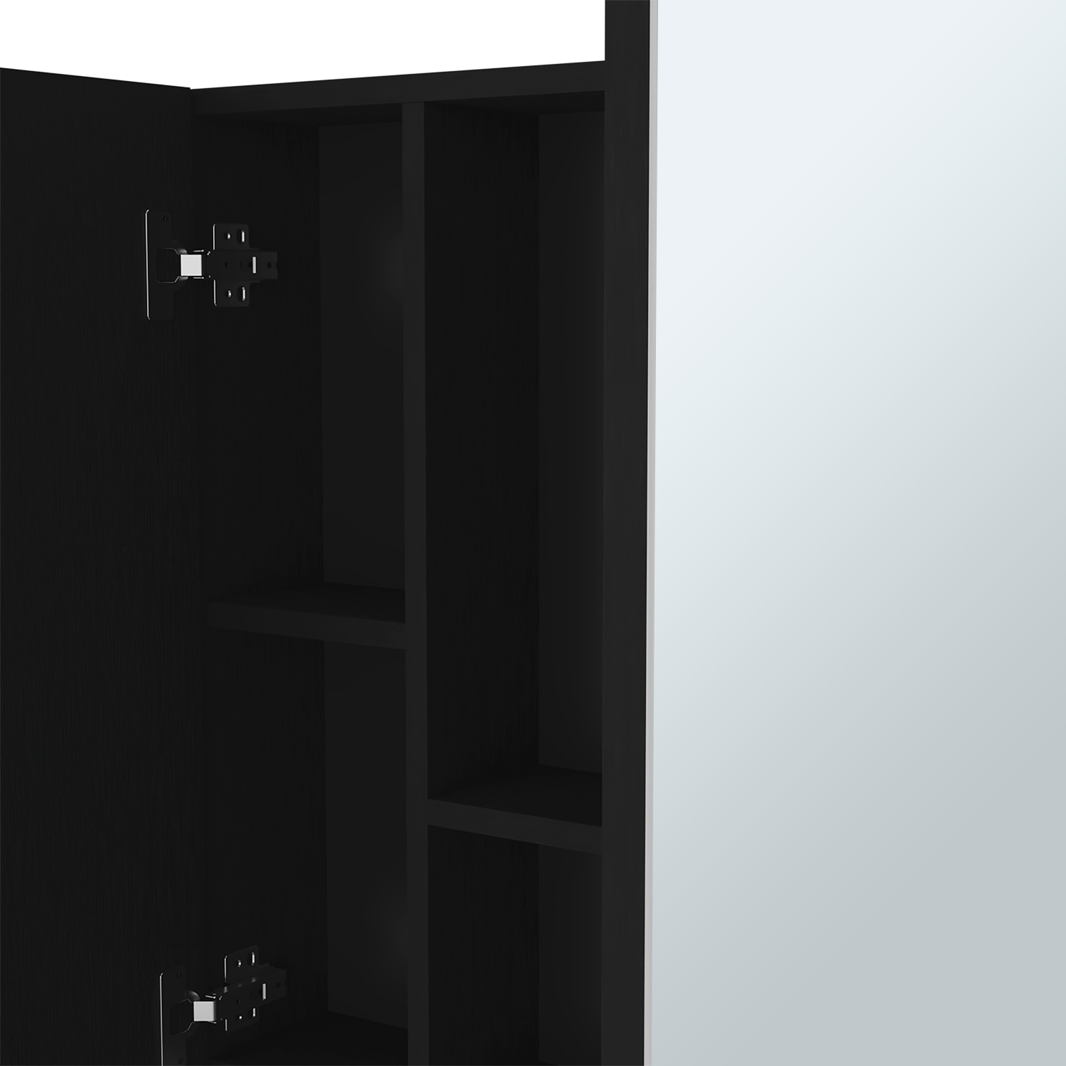 Black textured cabinet interior with open shelving and visible metal hinges for modern furniture