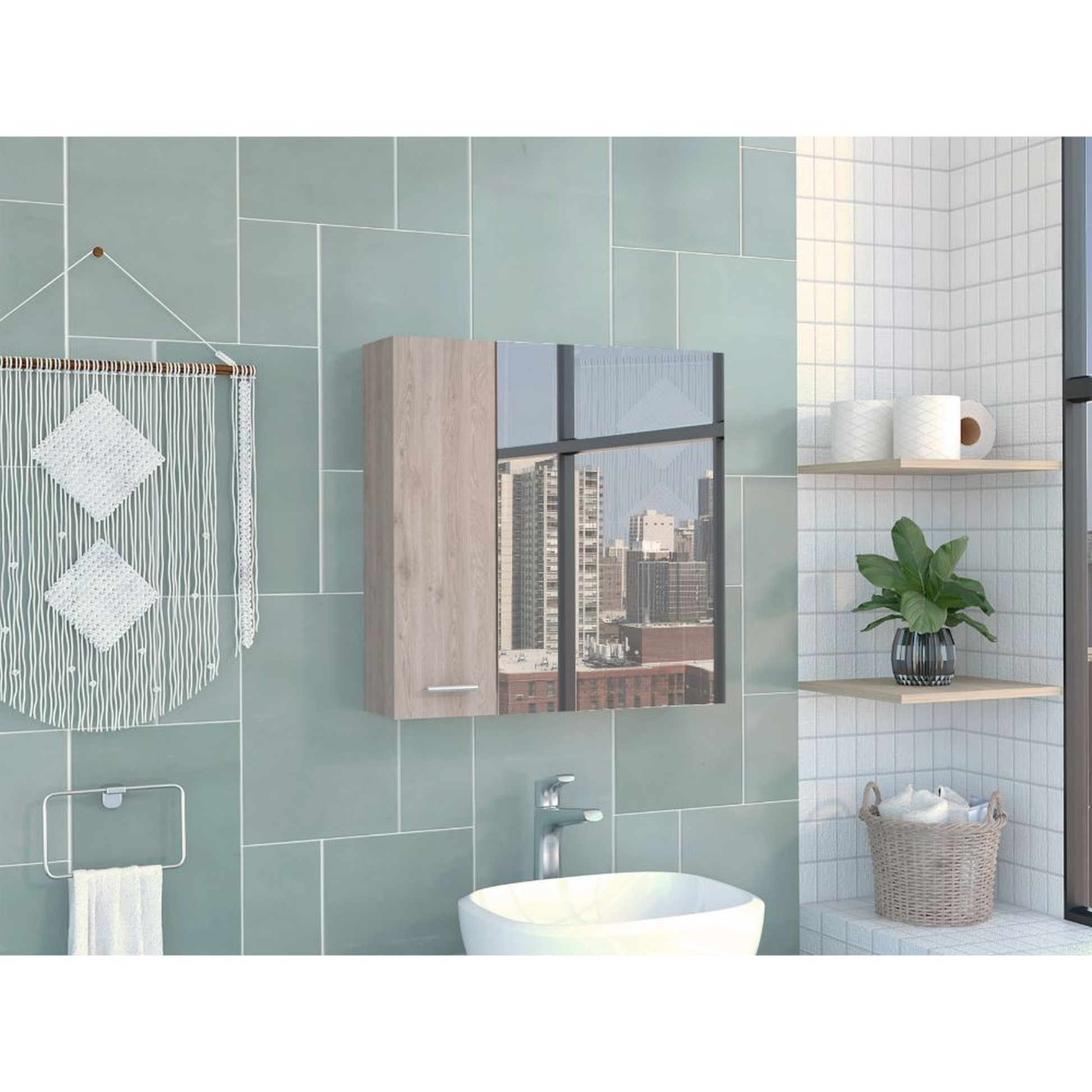 Light oak bathroom medicine cabinet with mirrored doors reflecting city buildings
