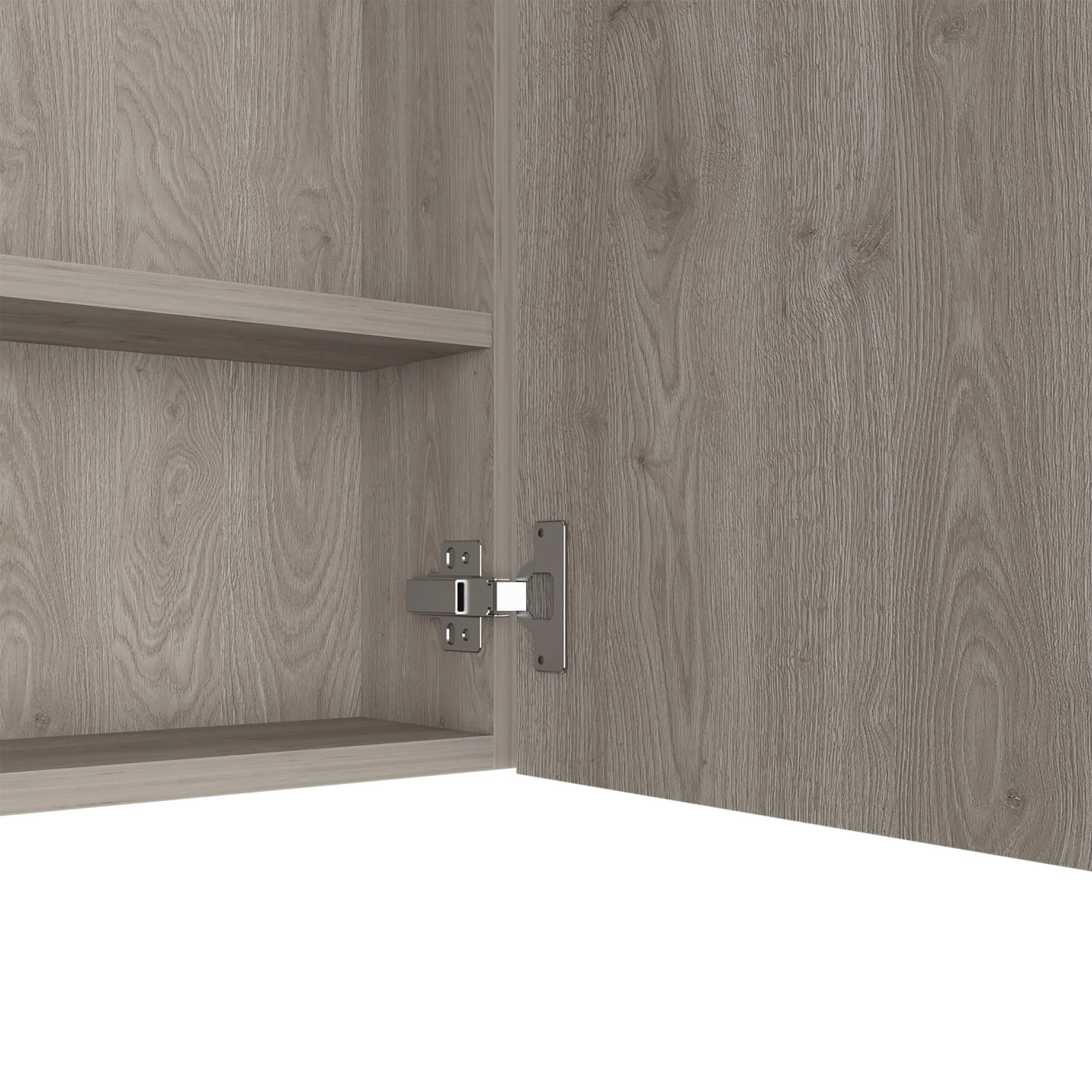 Modern grey wood grain cabinet interior with adjustable shelf and metal hinge