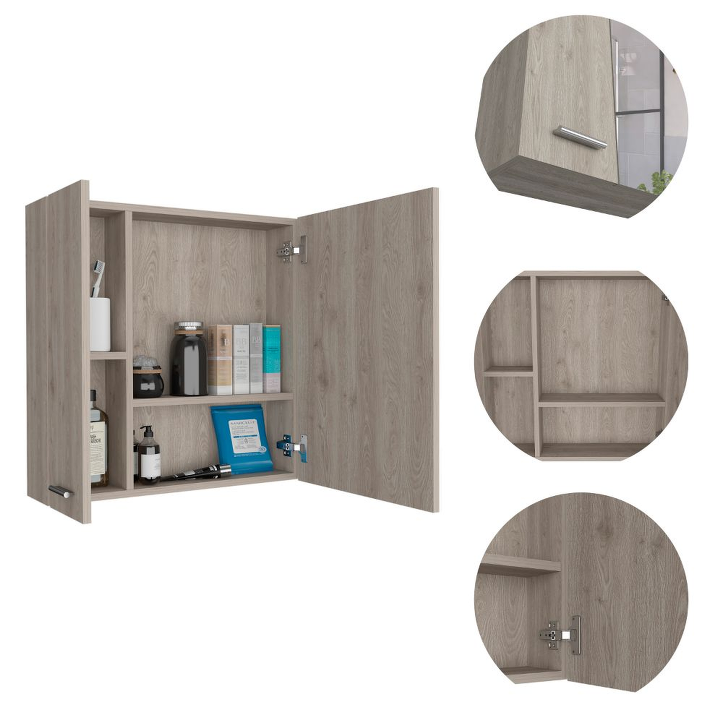 Light oak medicine cabinet with open door showing interior shelves and toiletries