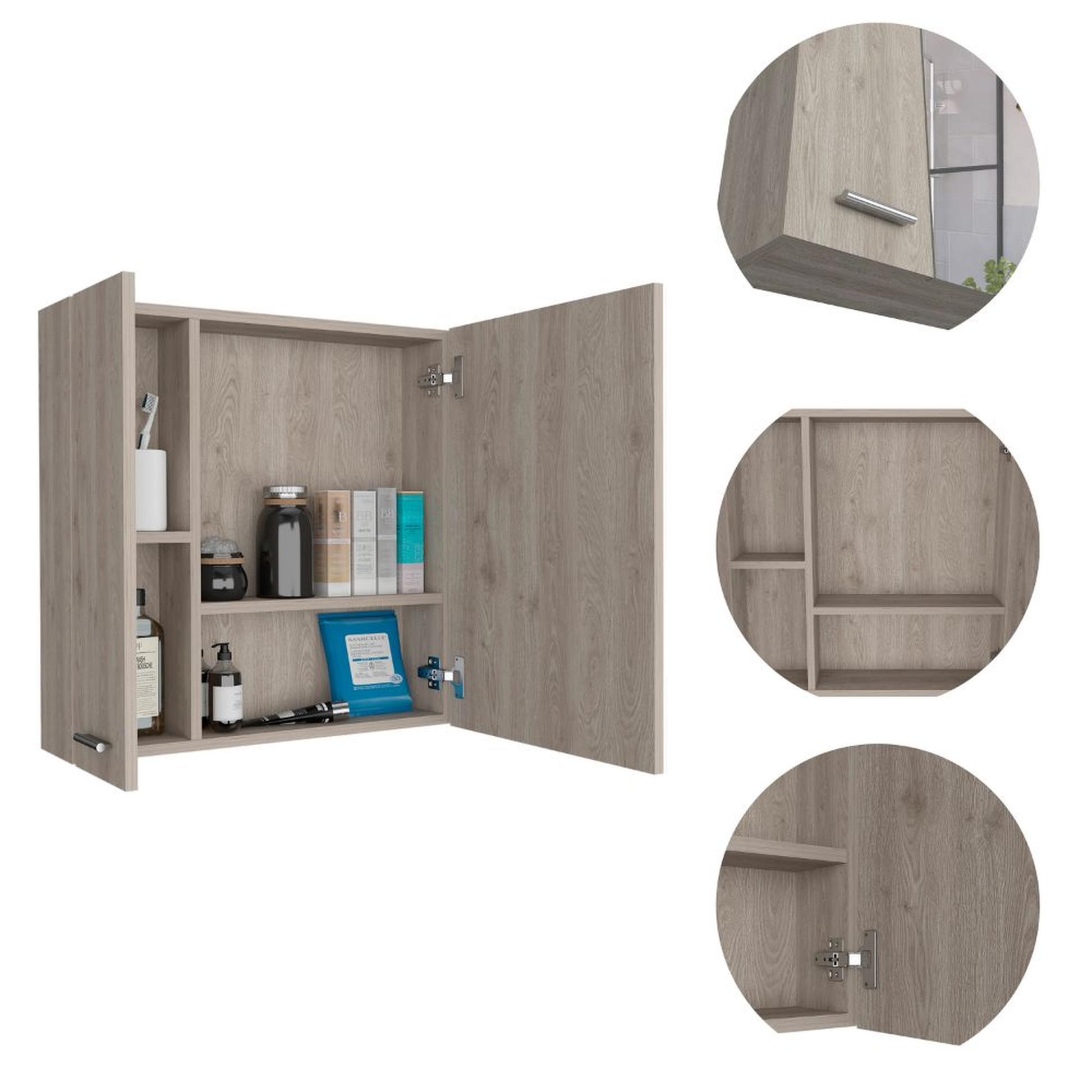 Light oak medicine cabinet with open door showing interior shelves and toiletries
