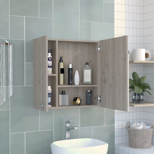 Modern gray wood bathroom cabinet with open door holding toiletries and decor