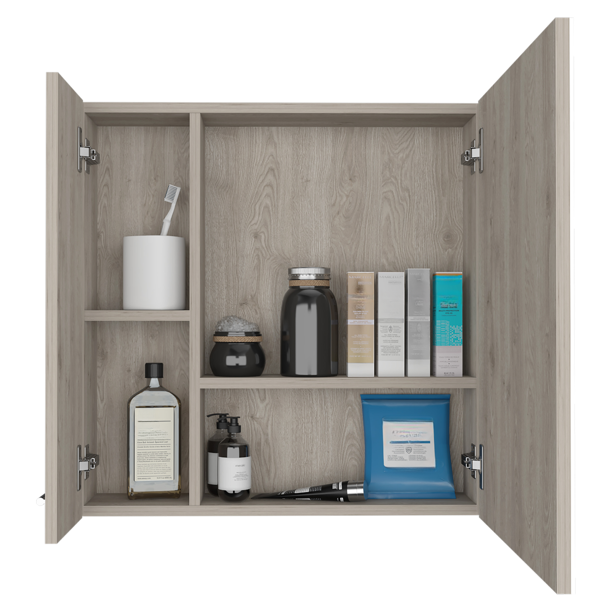 Gray wood medicine cabinet with toiletries including soap dispenser and toothbrush holder