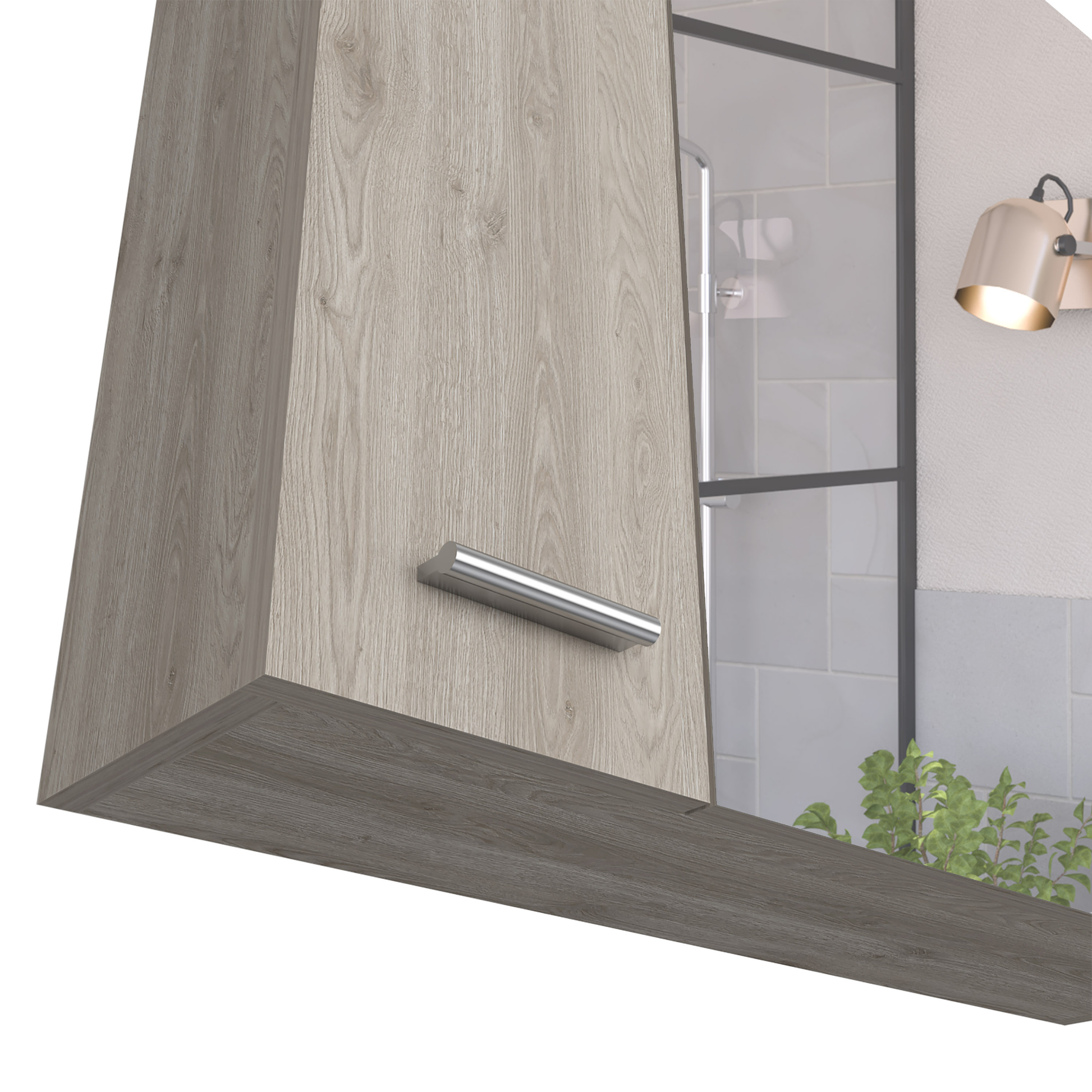 Modern wall cabinet with light oak finish and sleek chrome handle
