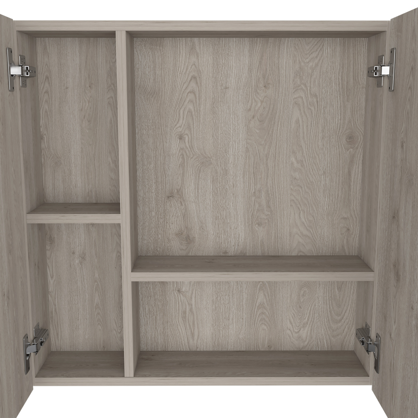 Grey wood grain twodoor wall cabinet with open shelving