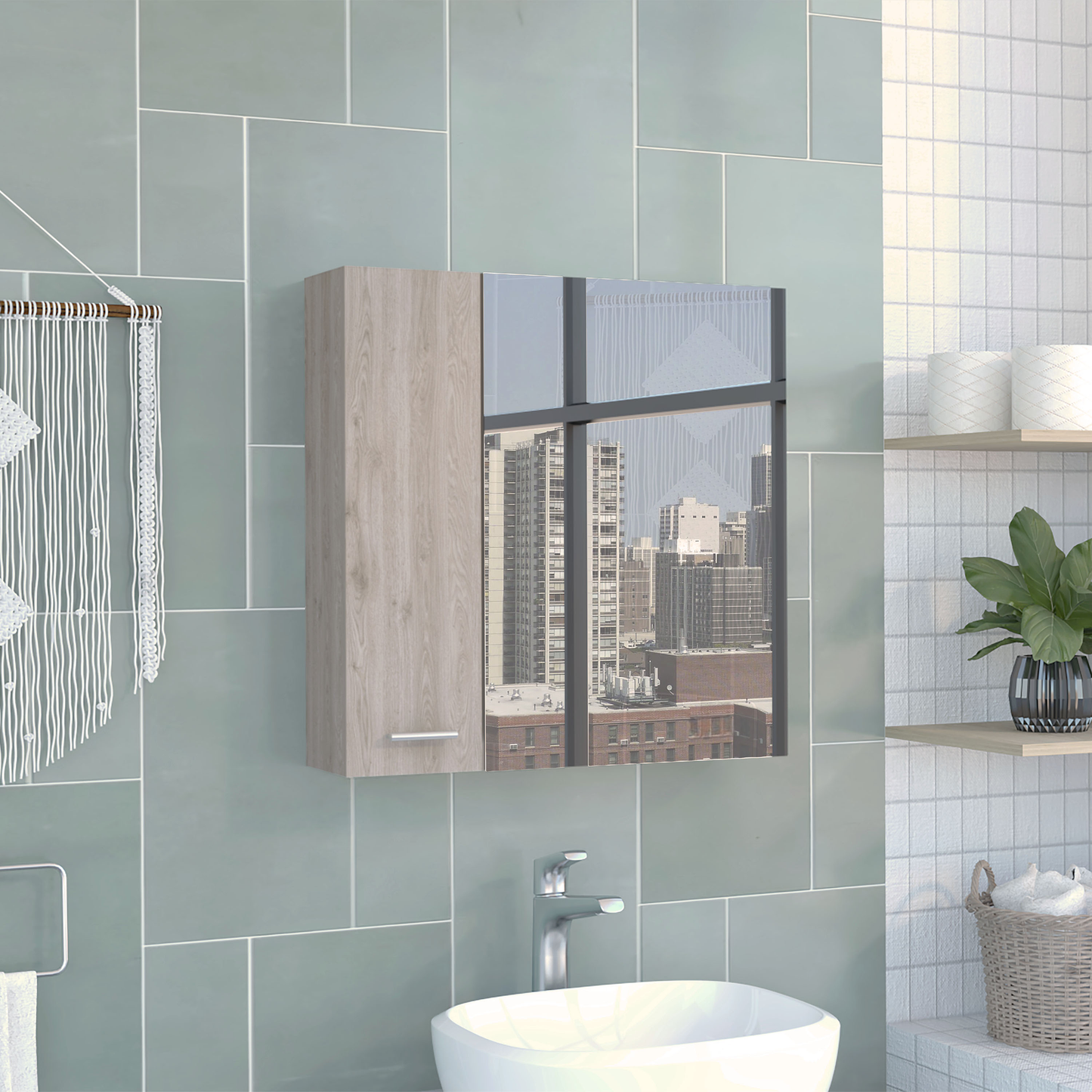 Modern oak wood medicine cabinet with mirrored door reflecting city view