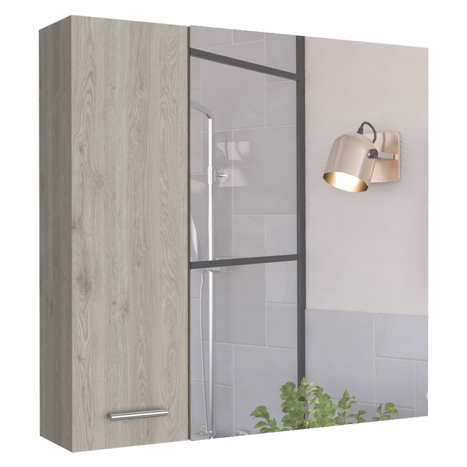 Modern grey wood bathroom cabinet with mirrored door and silver handle