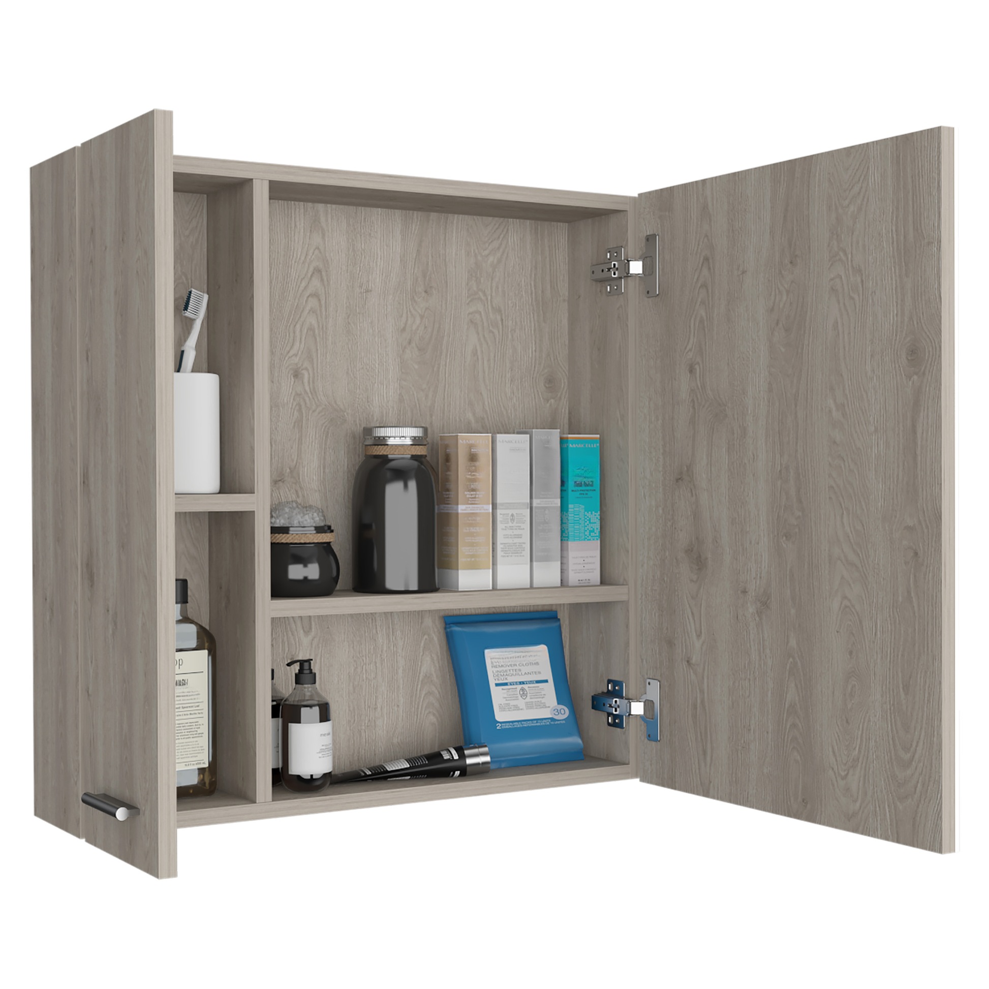 Open gray wood bathroom medicine cabinet with toiletries on shelves