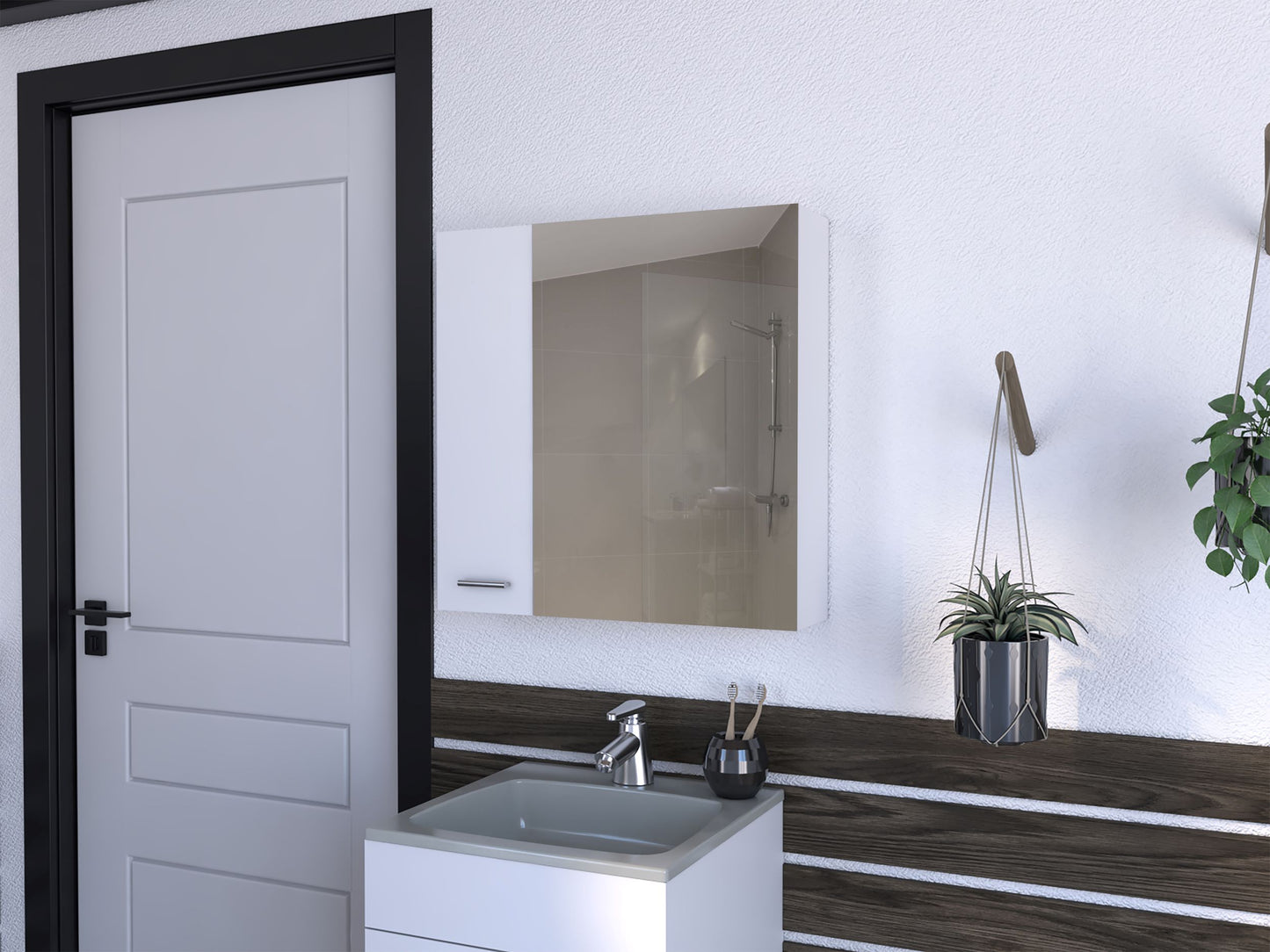 Modern white bathroom vanity with grey sink and chrome faucet for a clean aesthetic