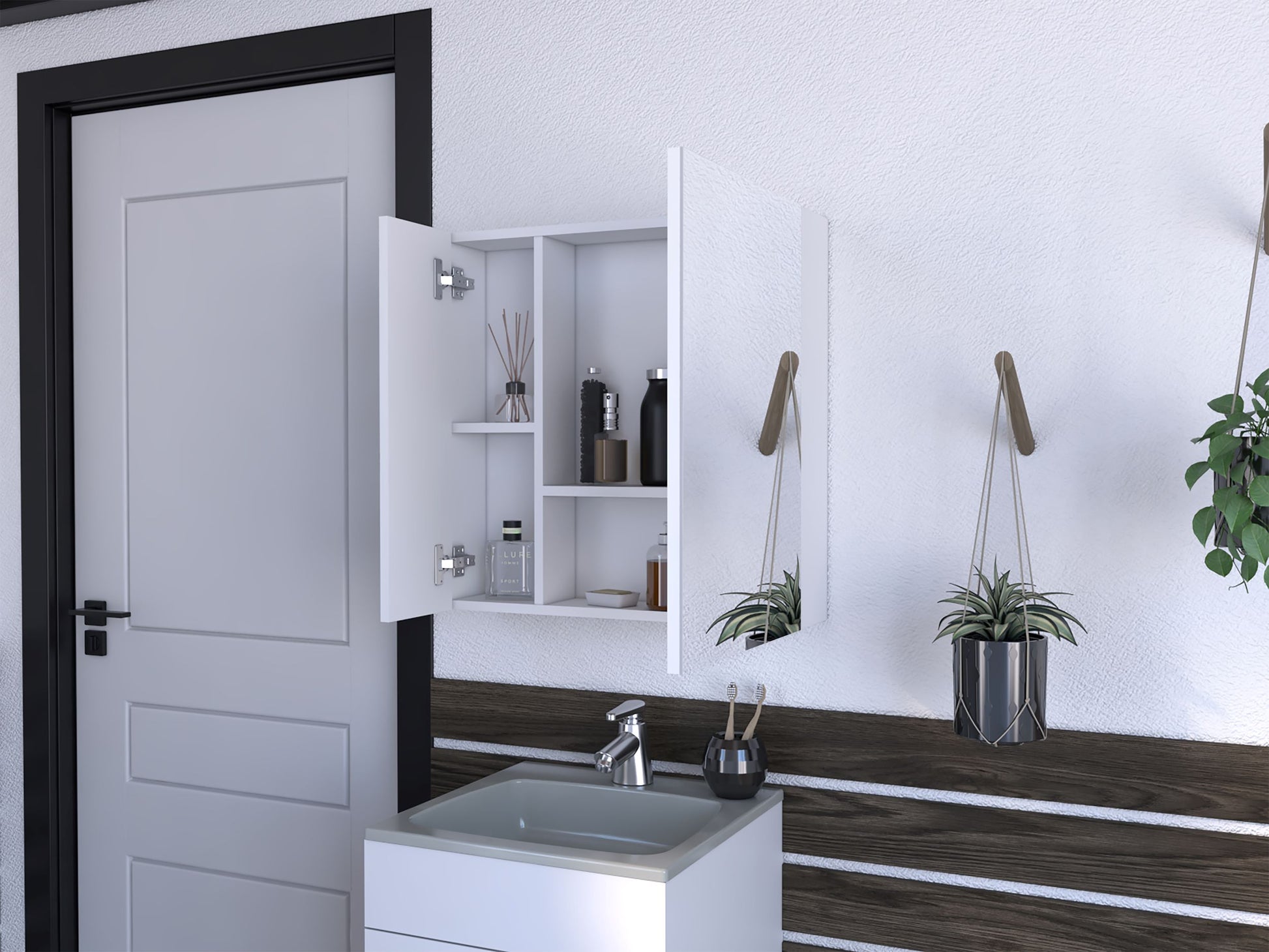 Modern white medicine cabinet with open doors displaying toiletries and a diffuser