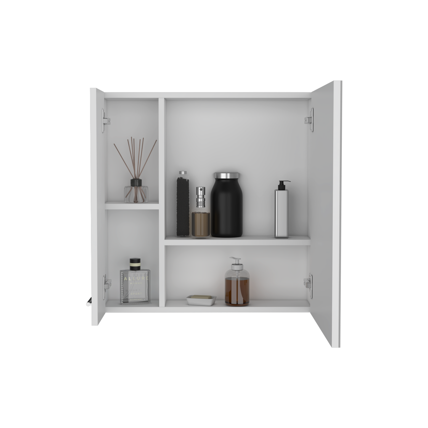 Modern white bathroom cabinet with toiletries featuring reed diffuser
