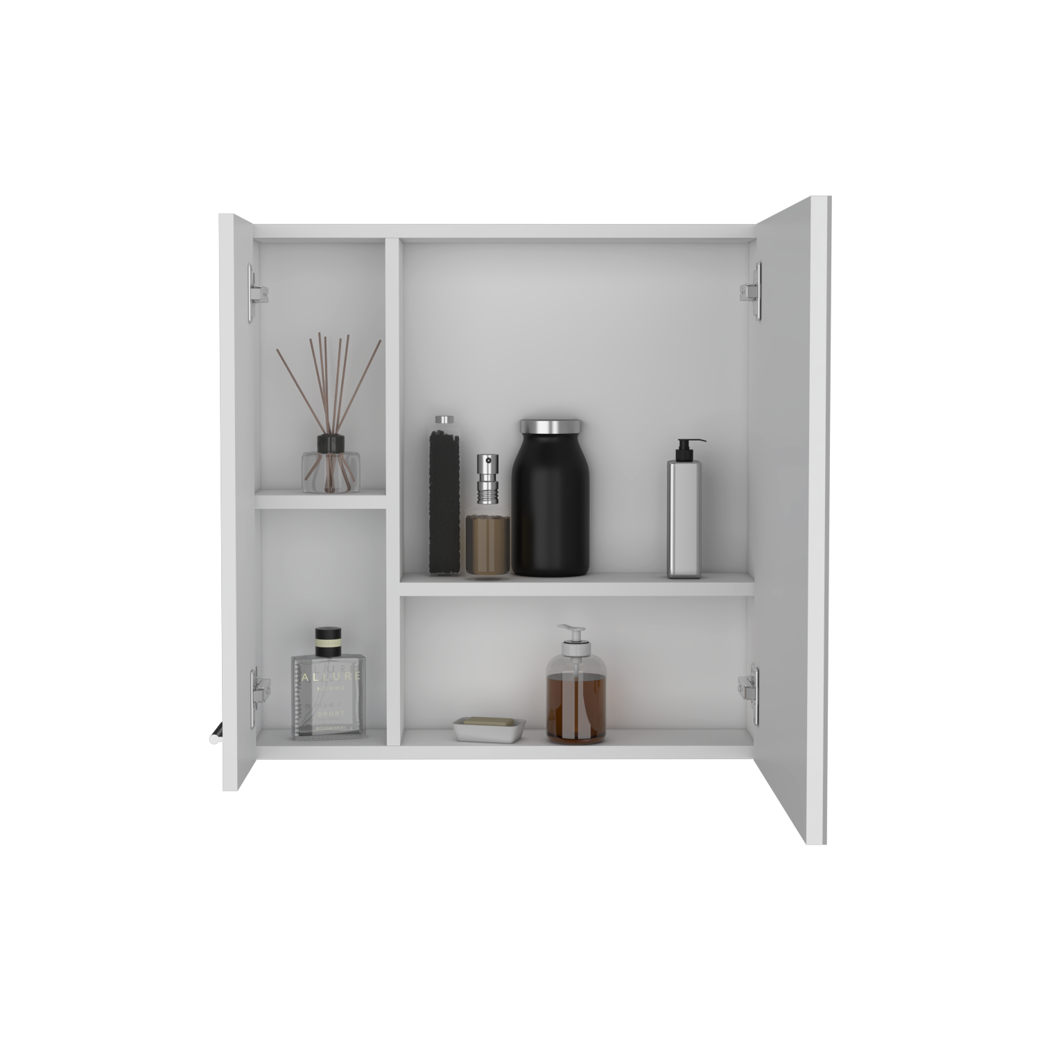Modern white bathroom cabinet with toiletries featuring reed diffuser