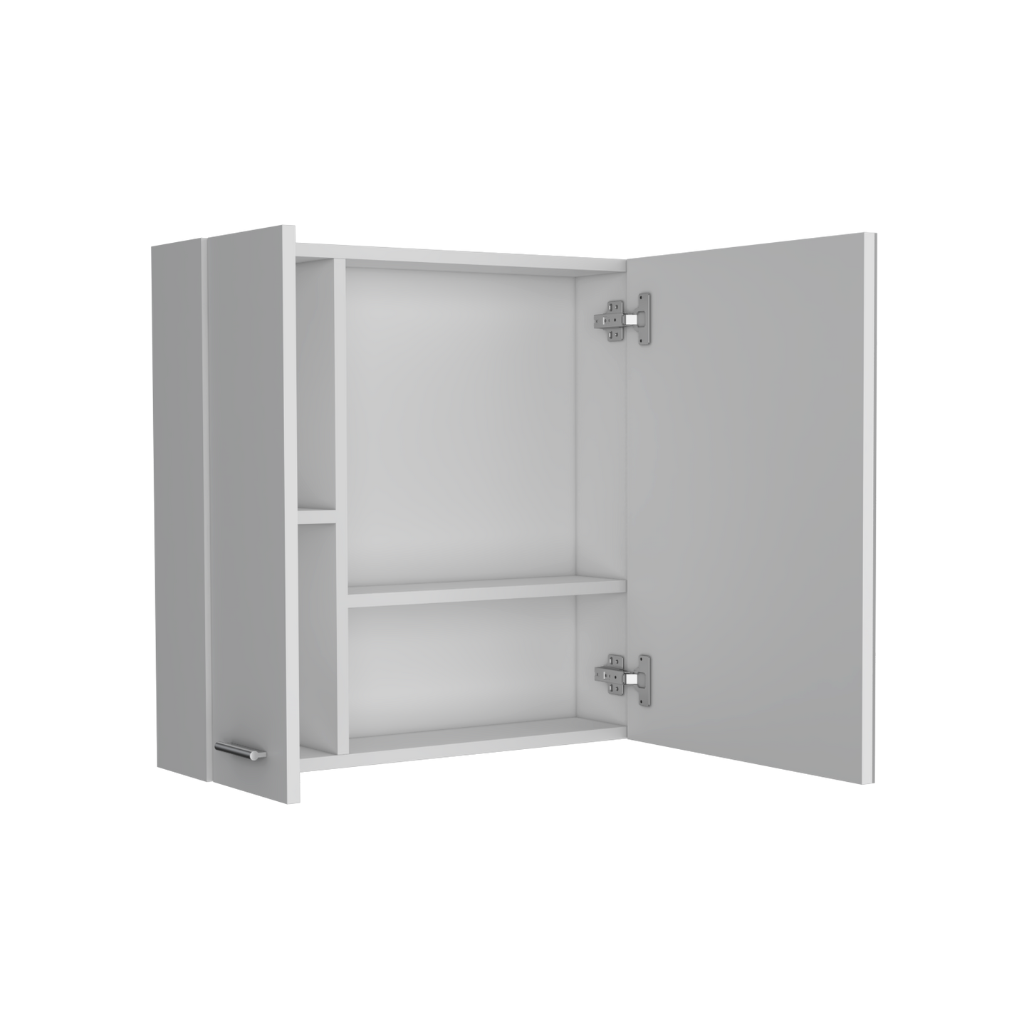 White wall cabinet with open doors and silver handle ideal for bathroom storage