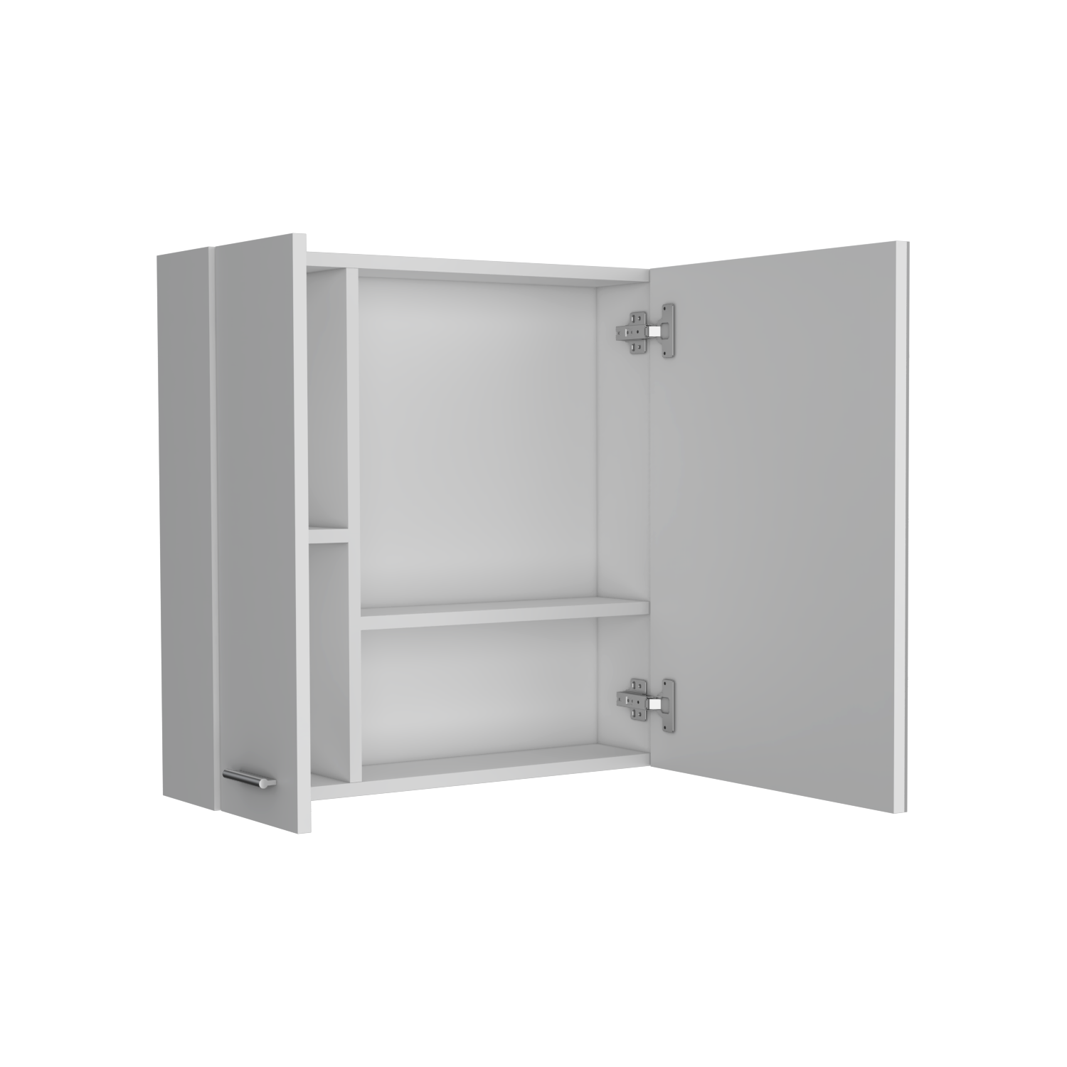 White wall cabinet with open doors and silver handle ideal for bathroom storage