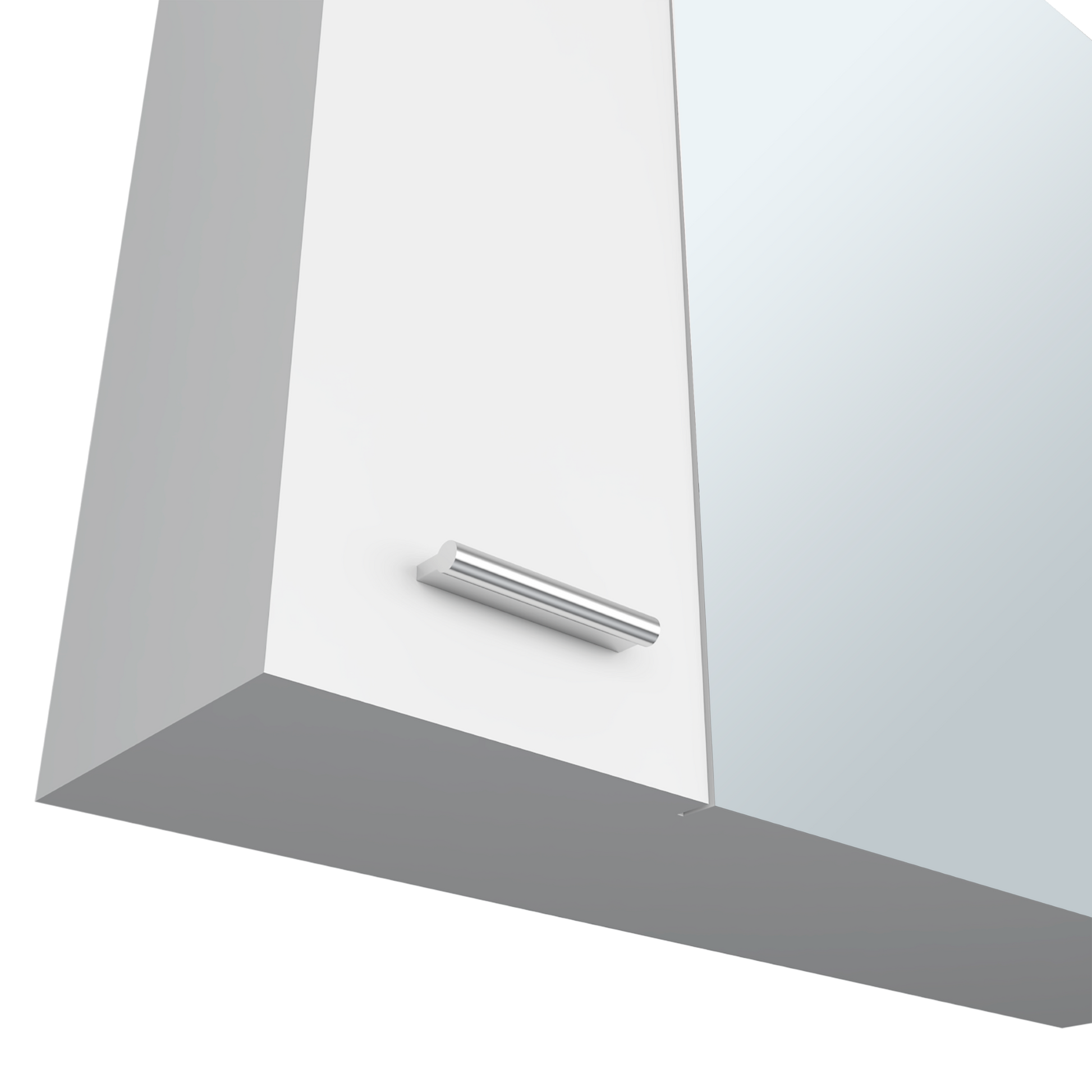 White gloss cabinet with brushed nickel bar handle for kitchen storage