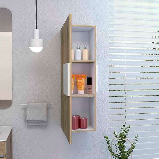 Wall mounted bathroom cabinet with light wood finish and white accents holding toiletries