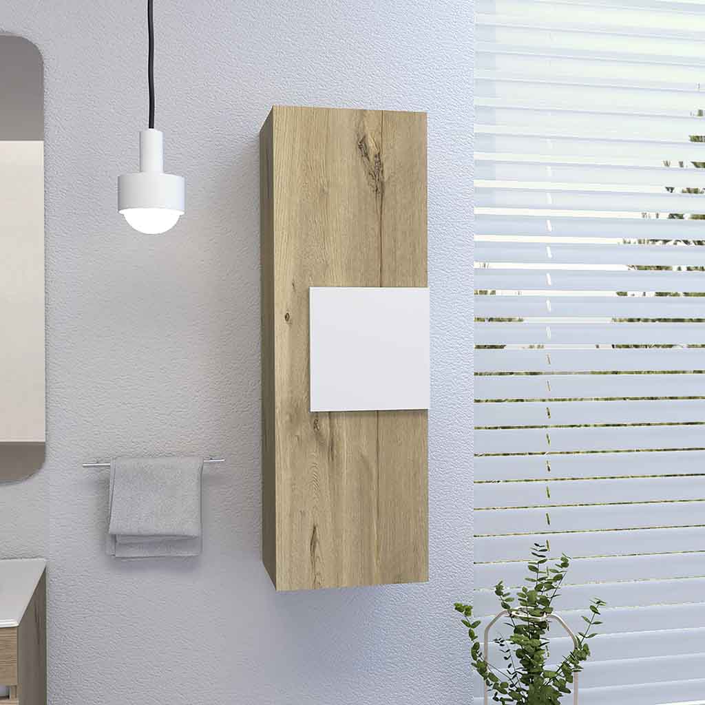 Tall oak wall cabinet with white accent panel for bathroom storage