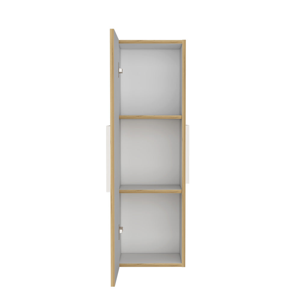 Open white and oak tall cabinet with three shelves and a minimalist design
