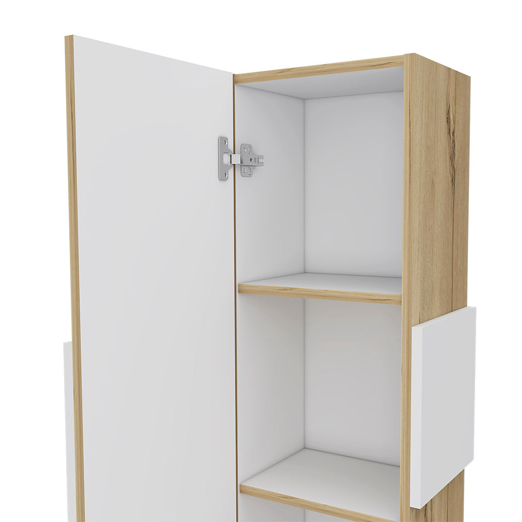 White and wood grain cabinet with open door and shelves