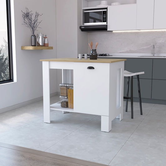 White kitchen island with butcher block top drawer and open shelving storing pasta and grains