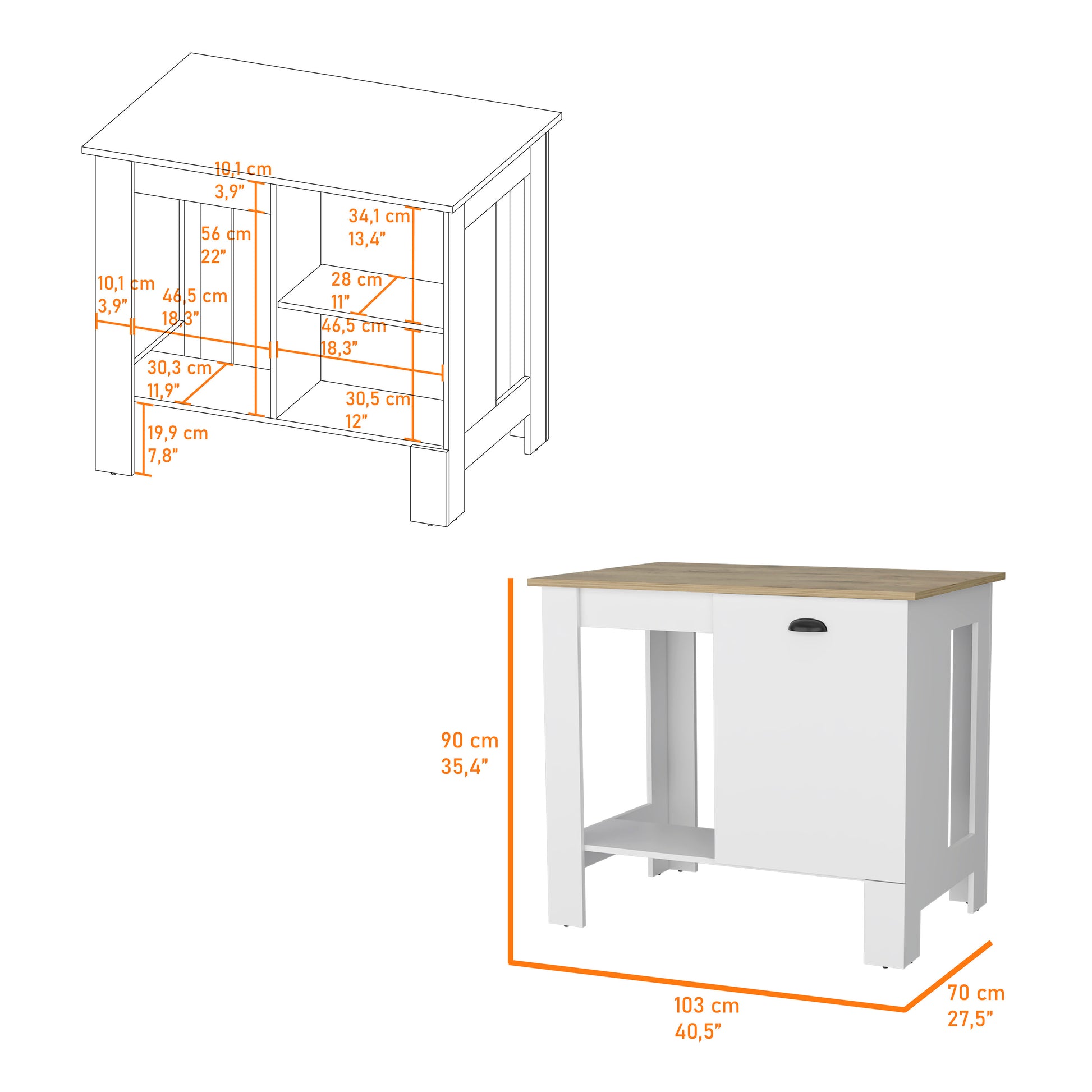 White and wood tone kitchen island cart with dimensions