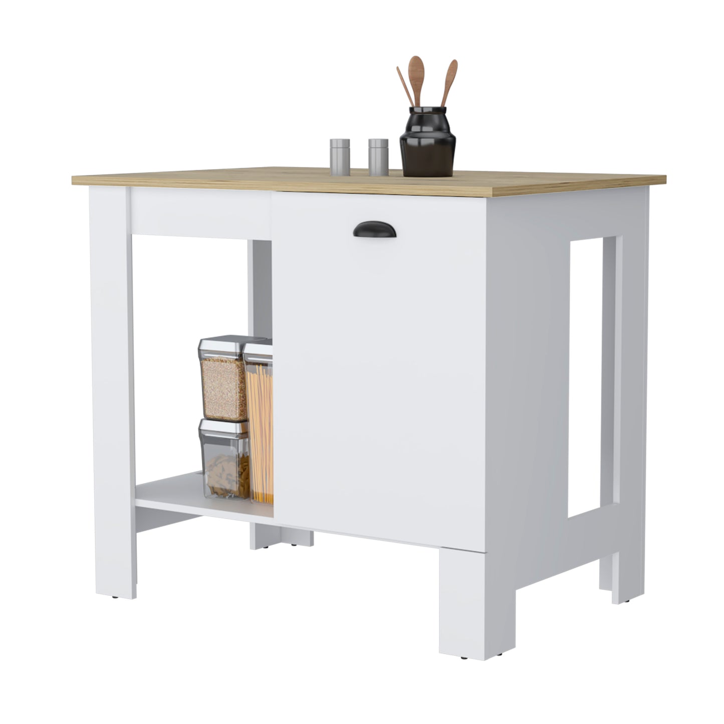 White and wood kitchen island with open shelving and a drawer