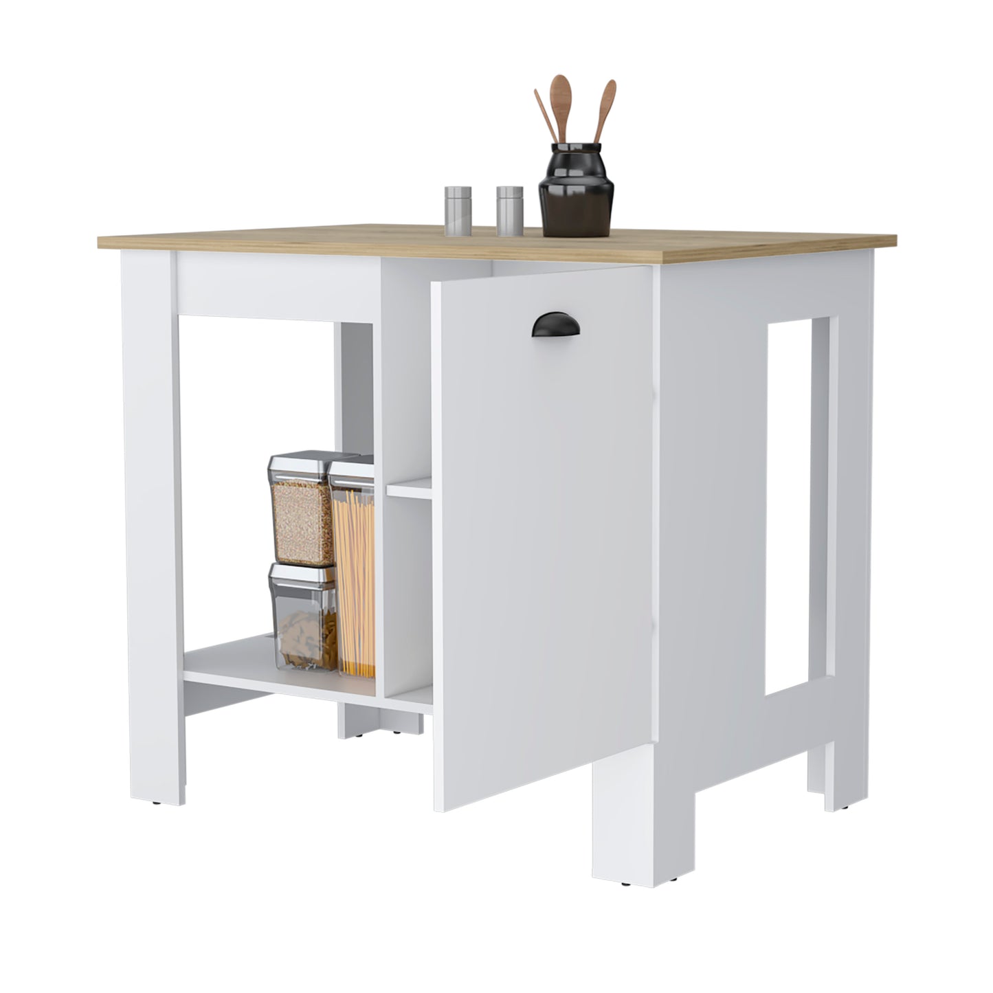 White kitchen island with natural wood top and open shelving