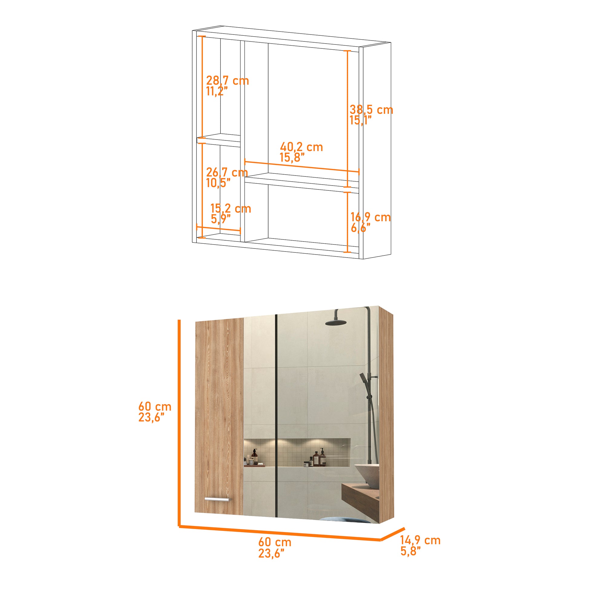 Modern bathroom cabinet with mirrored door and woodeffect finish cm wide