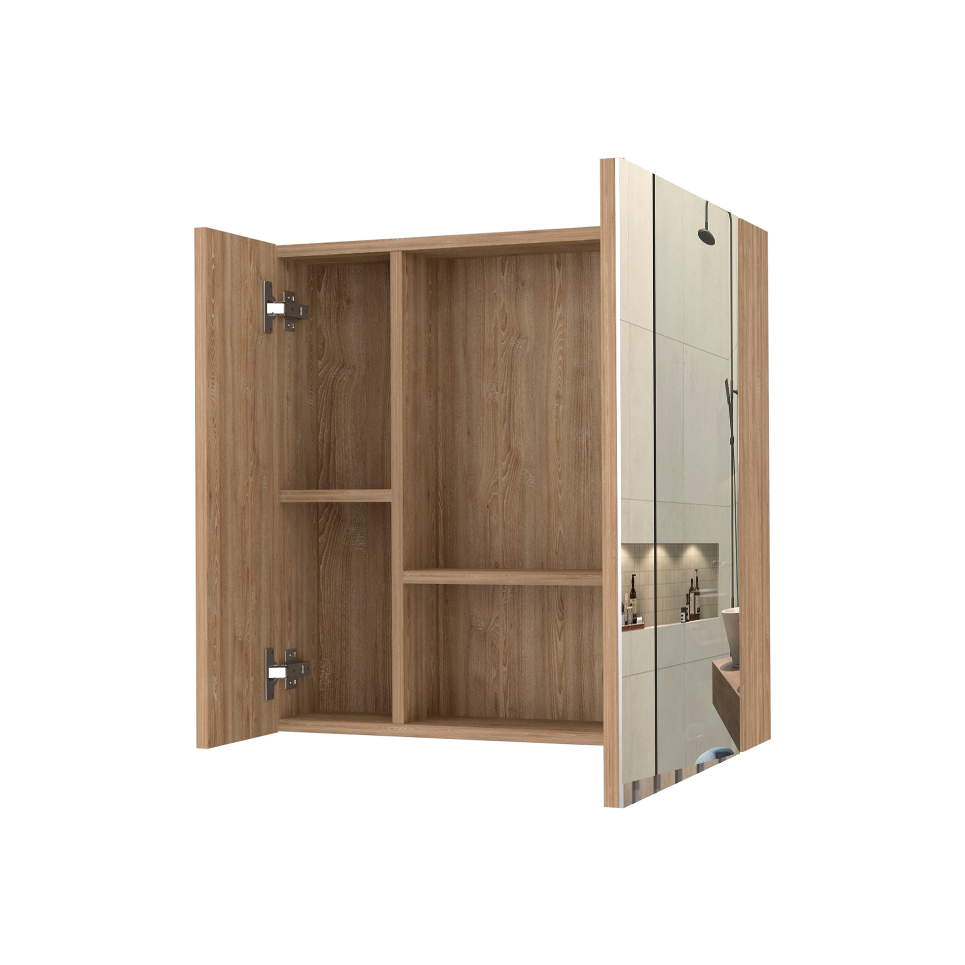 Modern oak bathroom cabinet with mirrored door and open shelving for toiletries