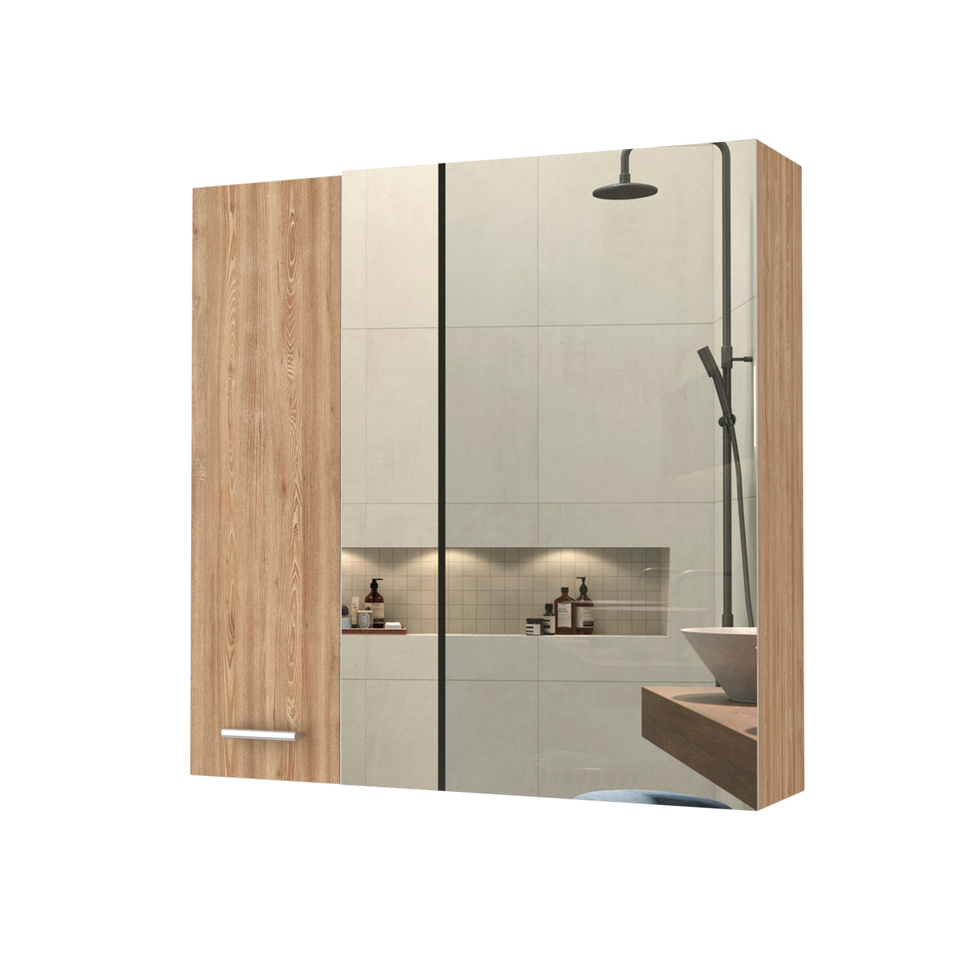 Modern bathroom cabinet with light wood grain finish and mirrored doors