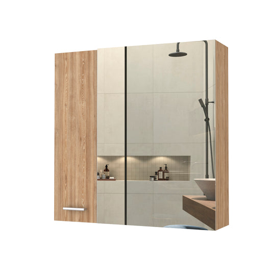 Modern bathroom cabinet with light wood grain finish and mirrored doors