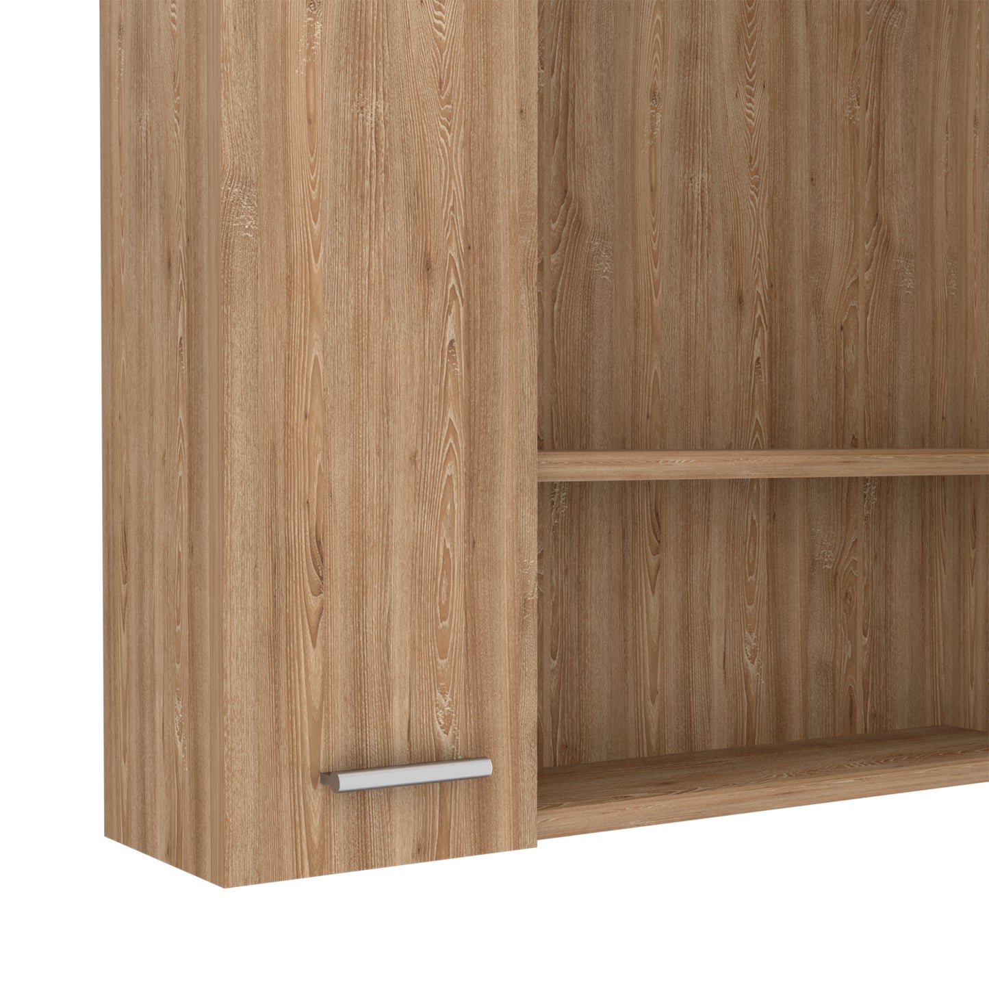 Wooden cabinet with silver handle showing open shelving on the right side