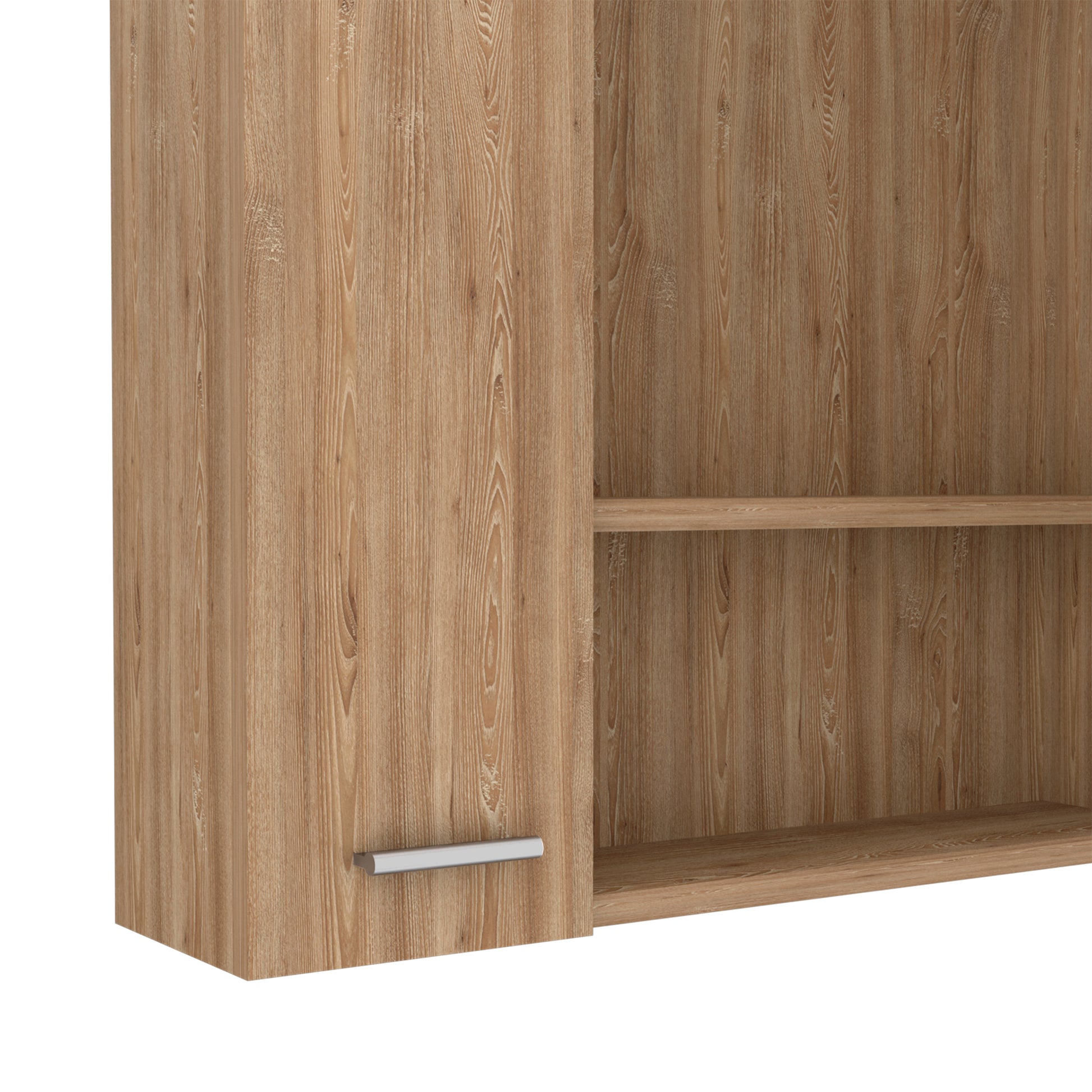 Wooden cabinet with silver handle showing open shelving on the right side