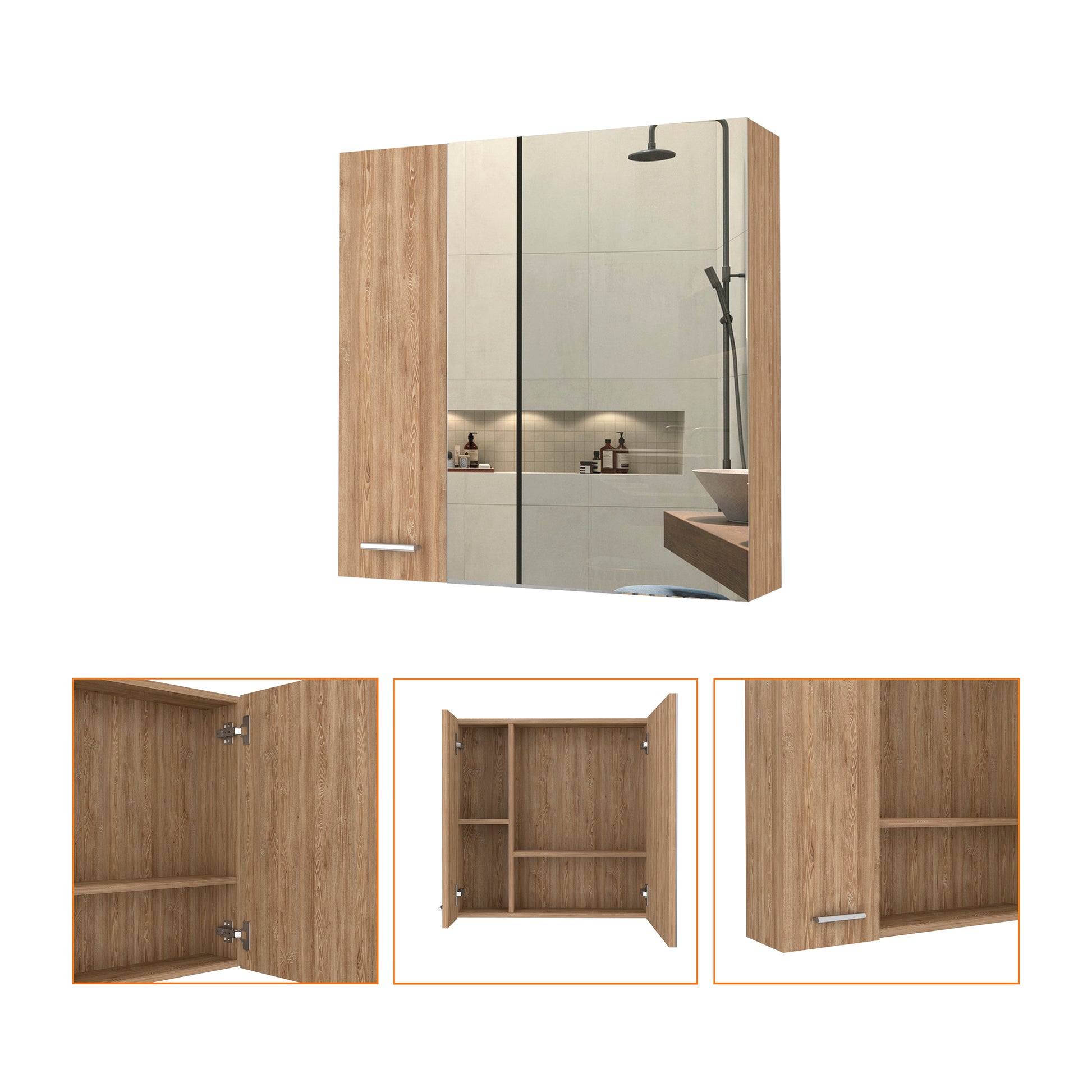 Modern bathroom cabinet with wood grain finish and mirrored doors ideal for storage
