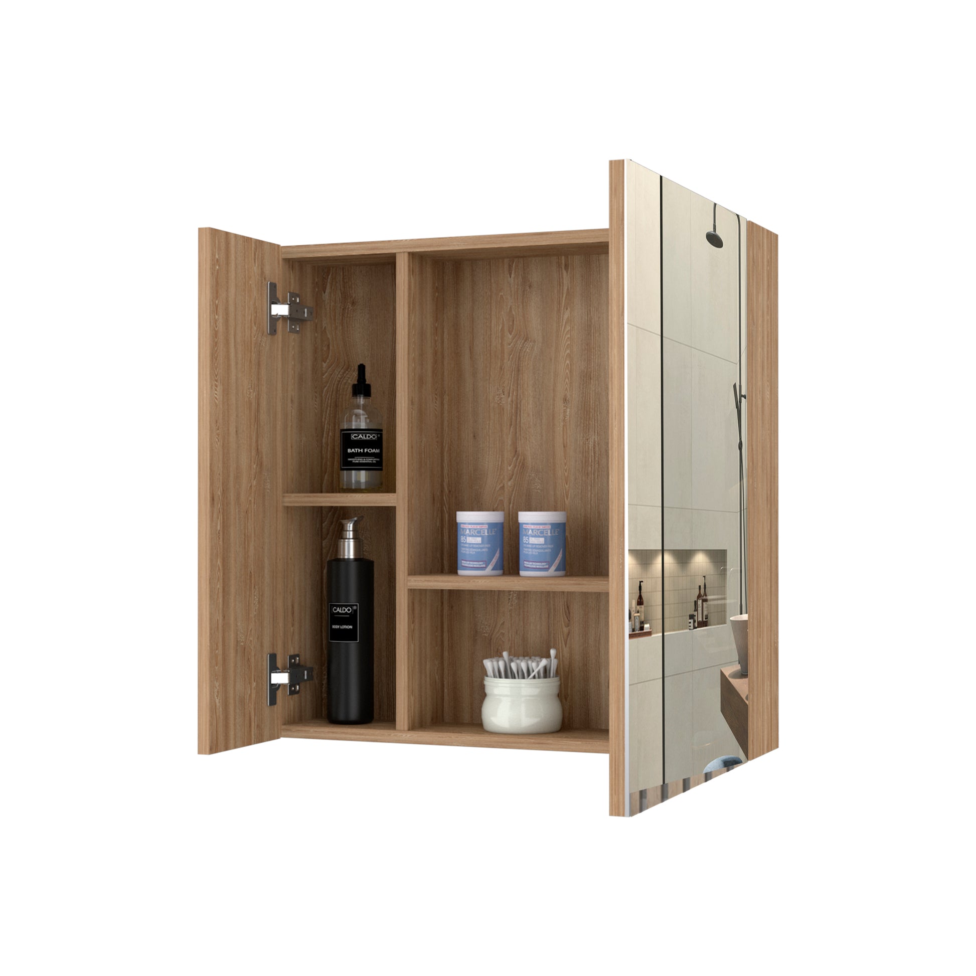 Open modern bathroom medicine cabinet with light wood finish and mirrored door