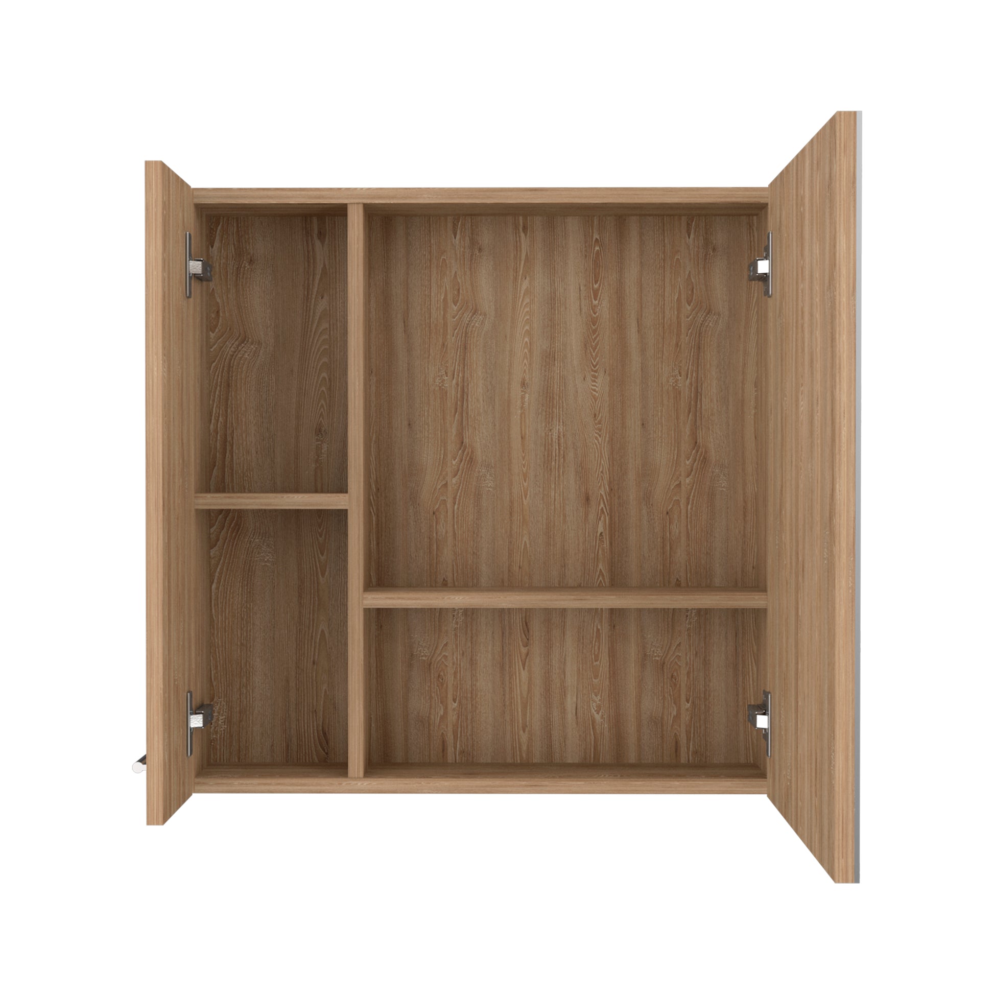 Open twodoor oak wood medicine cabinet with adjustable shelves for bathroom storage