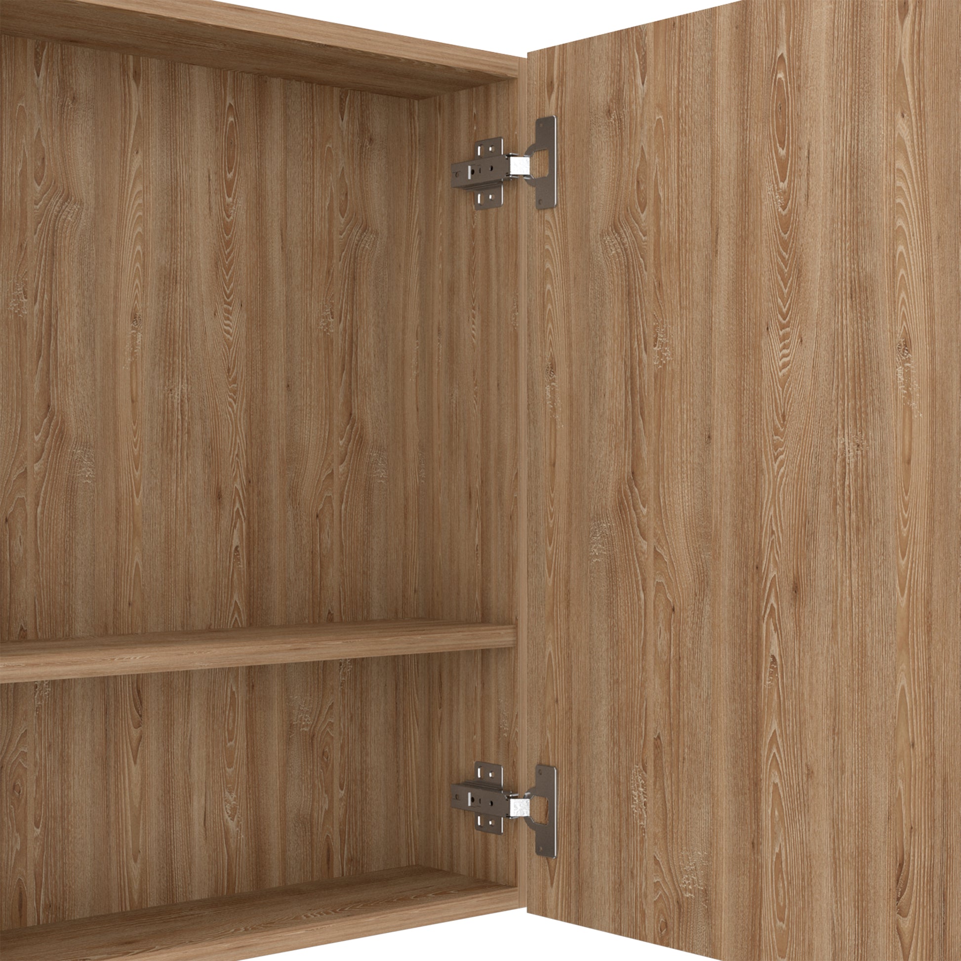 Interior of an open light brown wood grain cabinet with two shelves and visible chrome hinges