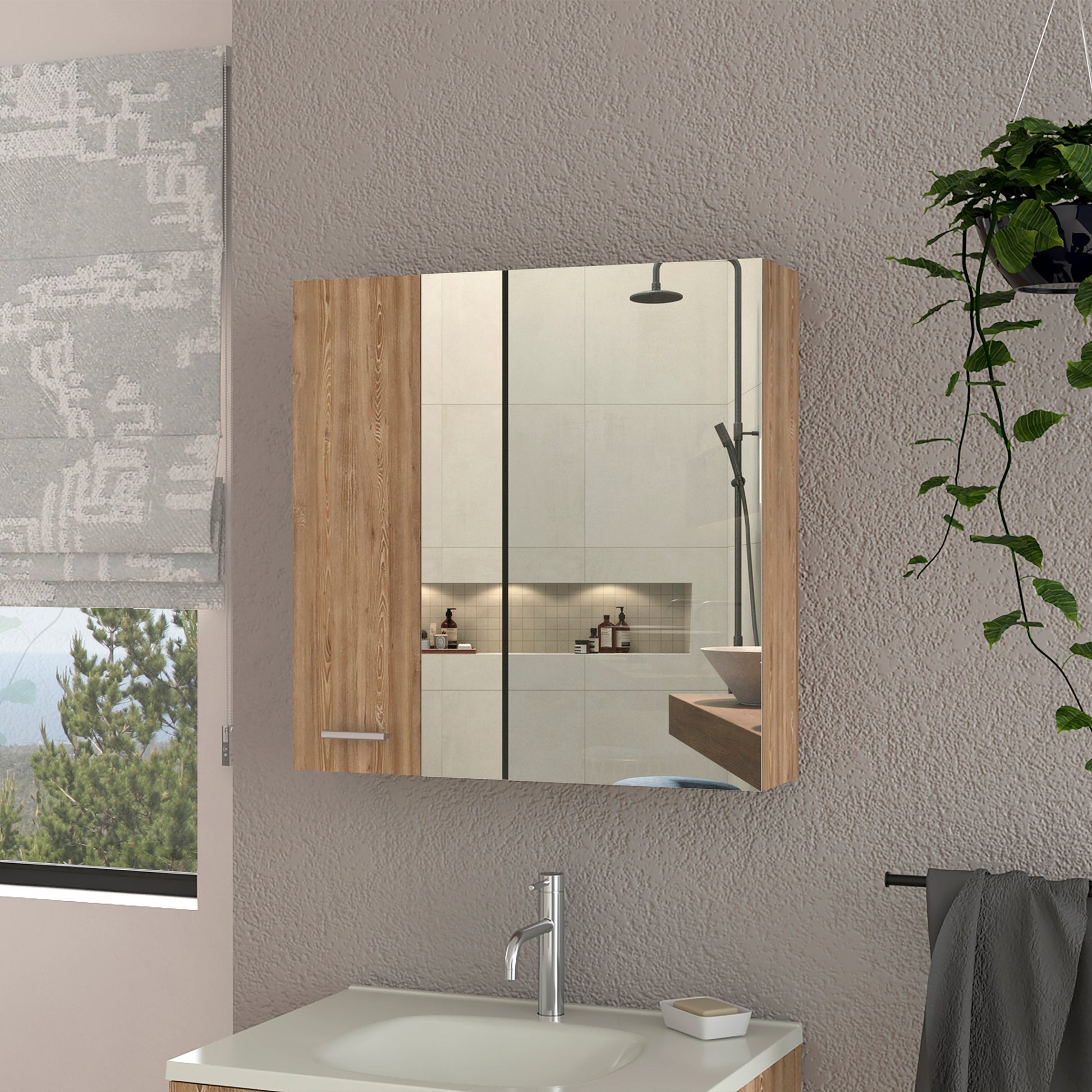 Modern woodeffect medicine cabinet with mirrored doors and a sleek chrome handle perfect for bathroom storage