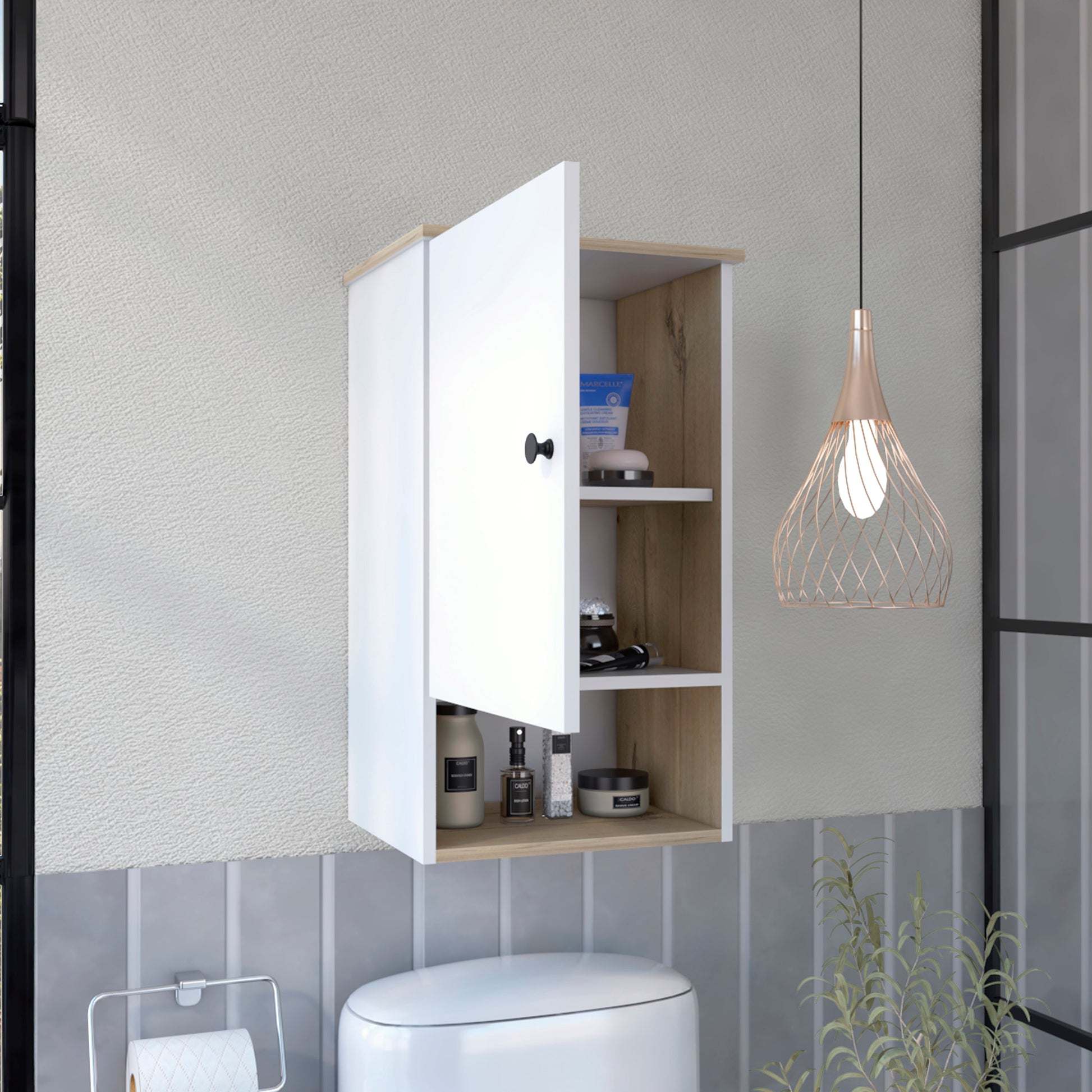 White and wood grain modern wallmounted bathroom cabinet with open shelves displaying toiletries