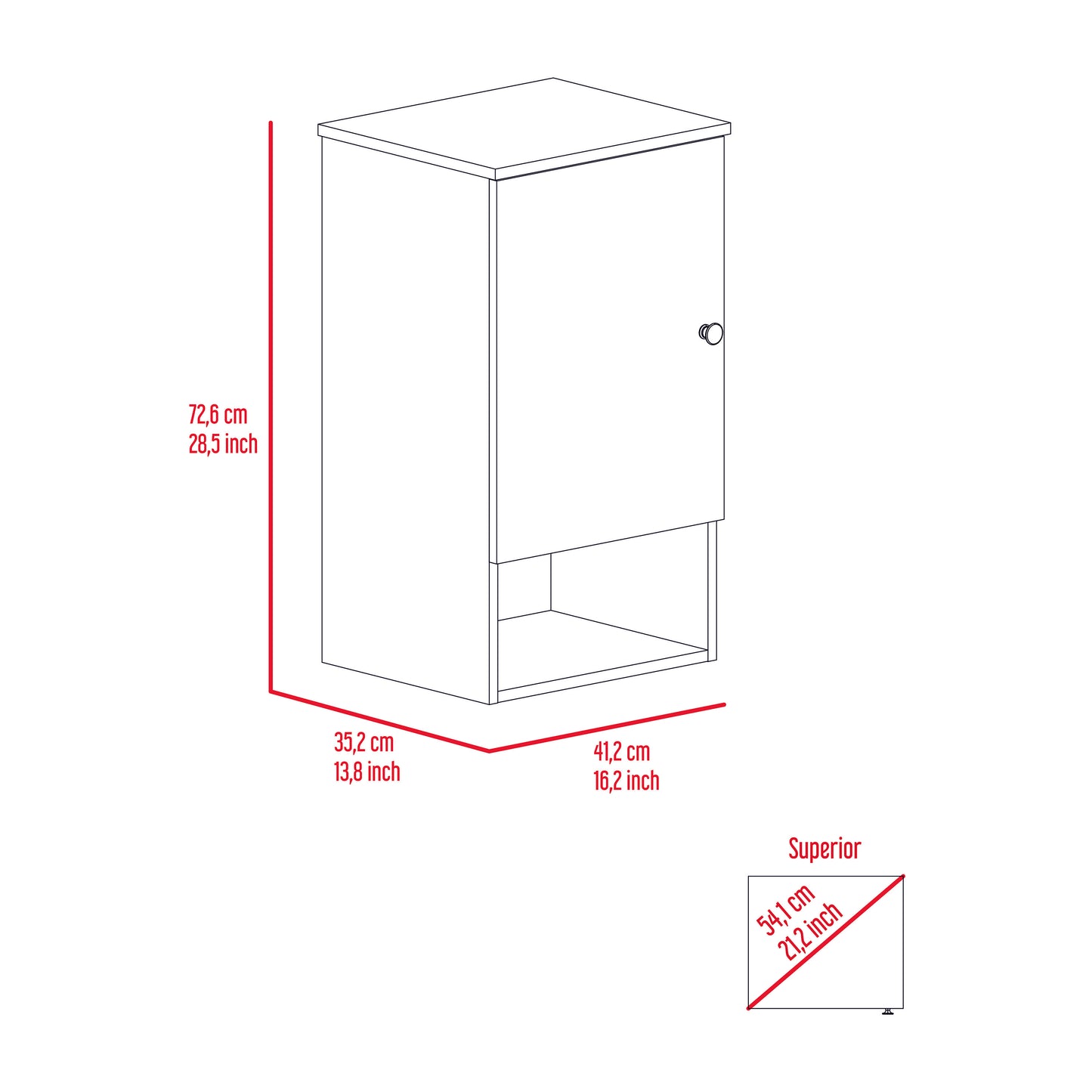 White minimalist storage cabinet with one door and an open shelf