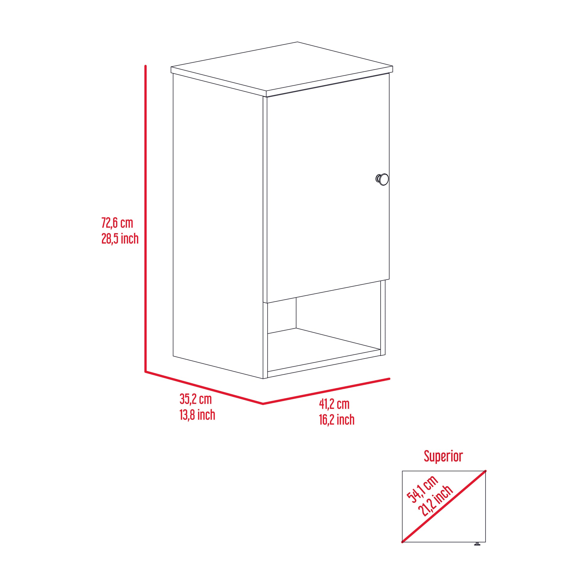 White minimalist storage cabinet with one door and an open shelf