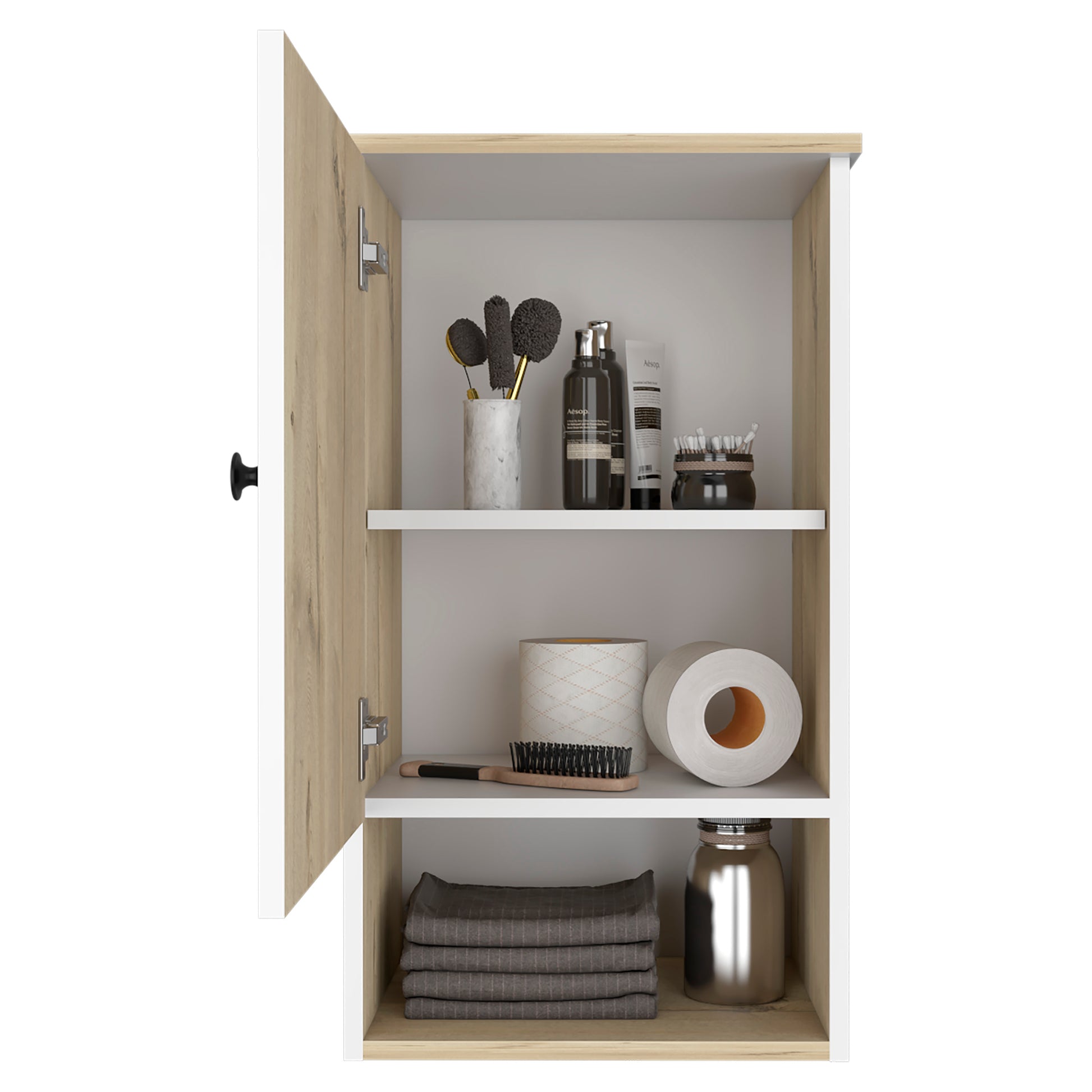 Wooden bathroom cabinet filled with Aesop toiletries makeup brushes and toilet paper