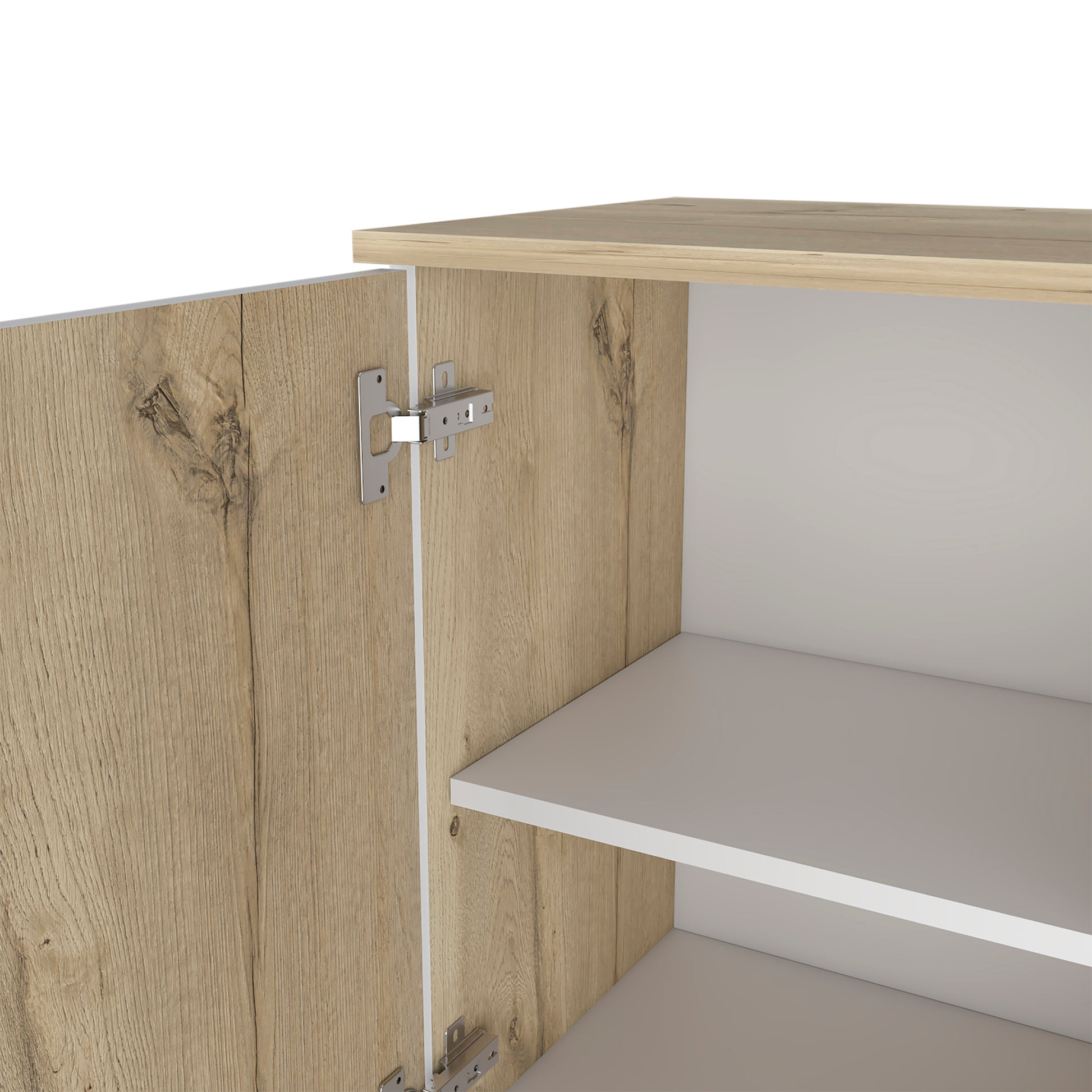 Modern oak veneer cabinet door with visible hinges showing interior shelves